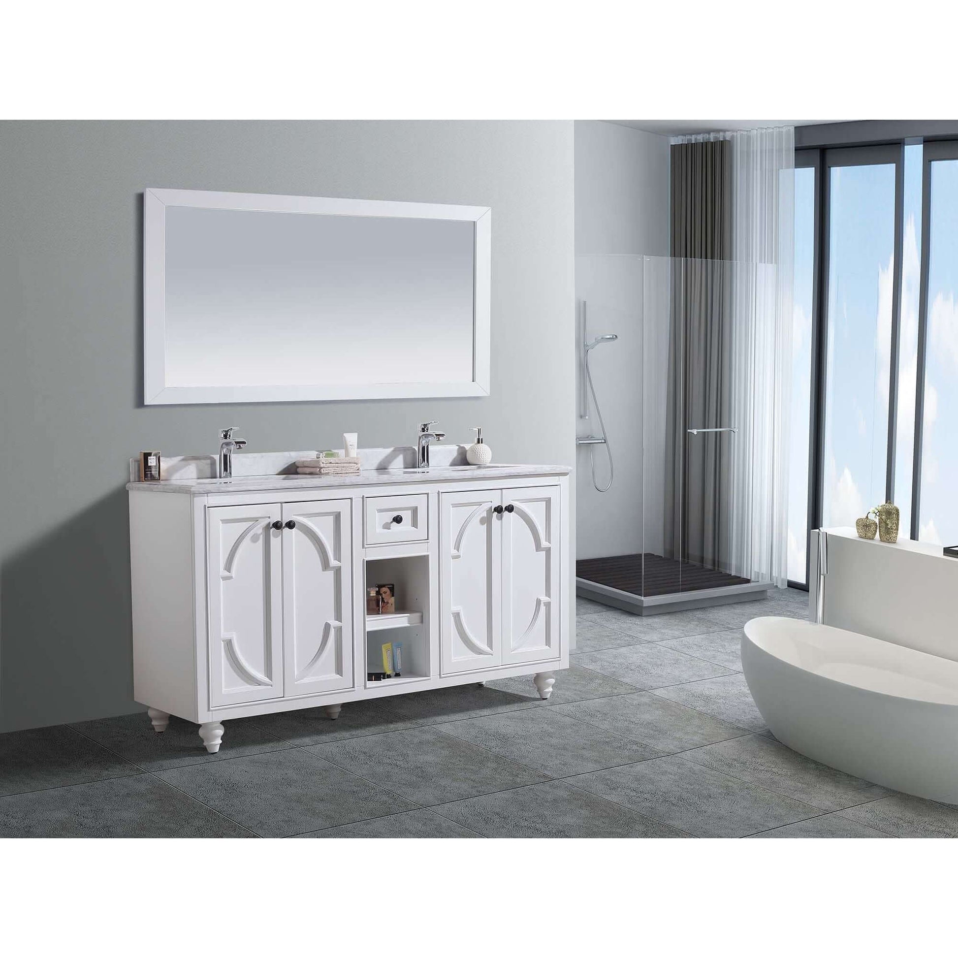 Odyssey 60" White Double Sink Bathroom Vanity with White Carrara Marble Countertop - 313613-60W-WC