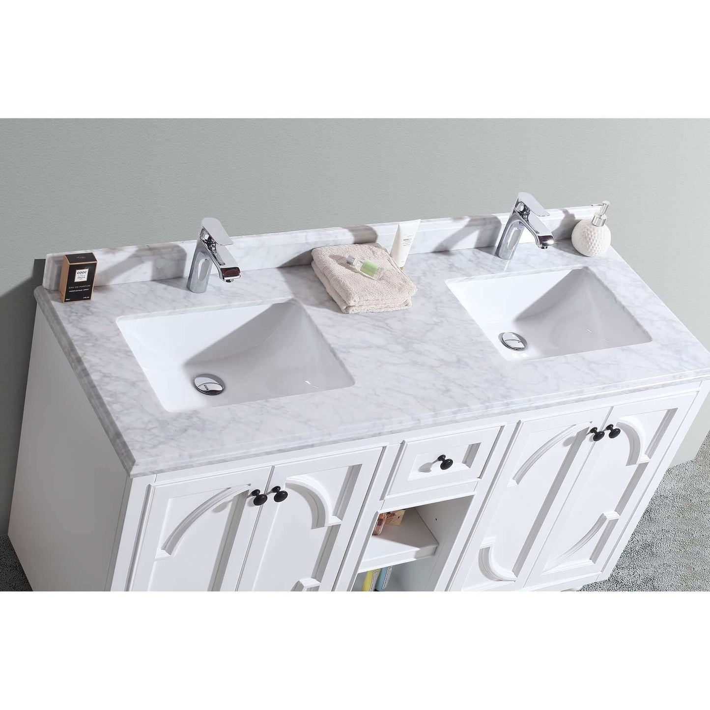 Odyssey 60" White Double Sink Bathroom Vanity with White Carrara Marble Countertop - 313613-60W-WC