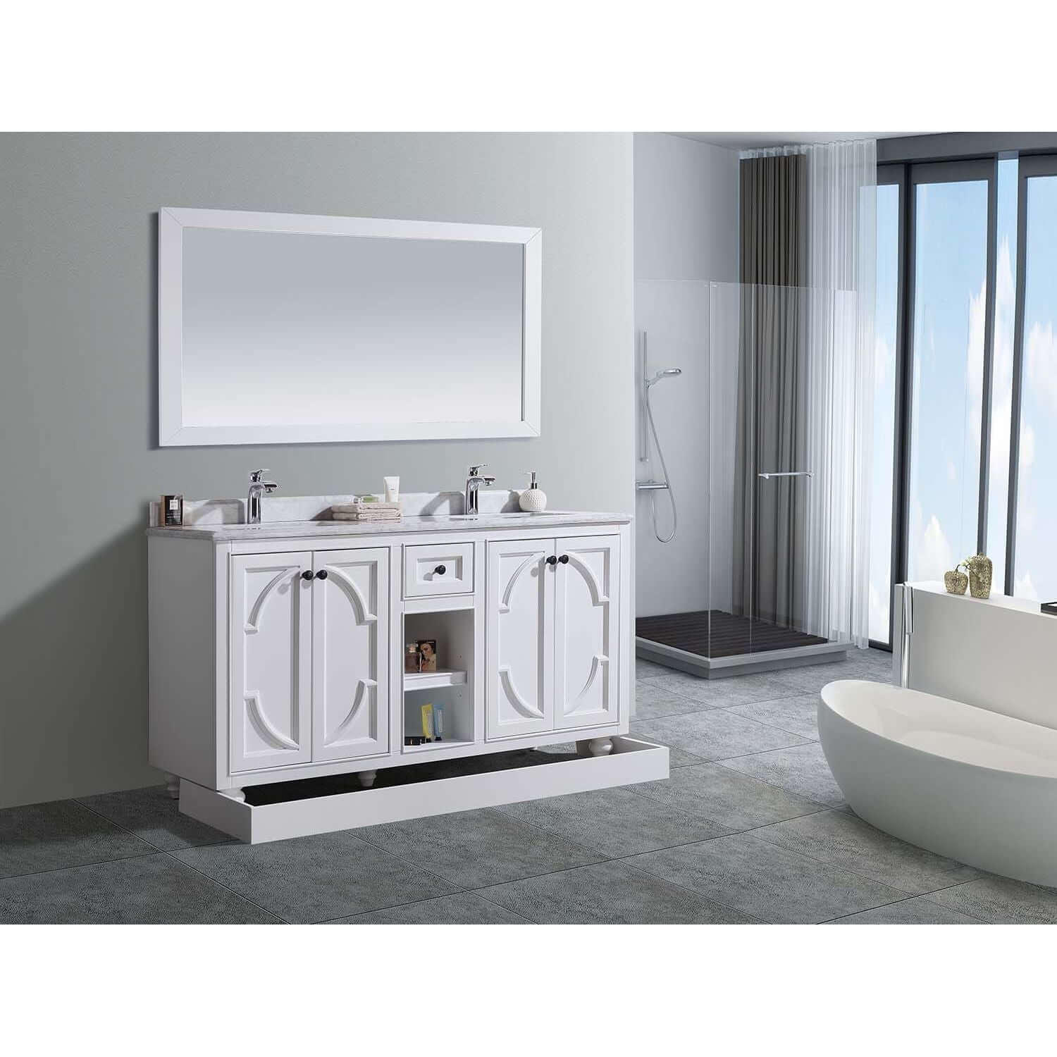 Odyssey 60" White Double Sink Bathroom Vanity with White Carrara Marble Countertop - 313613-60W-WC