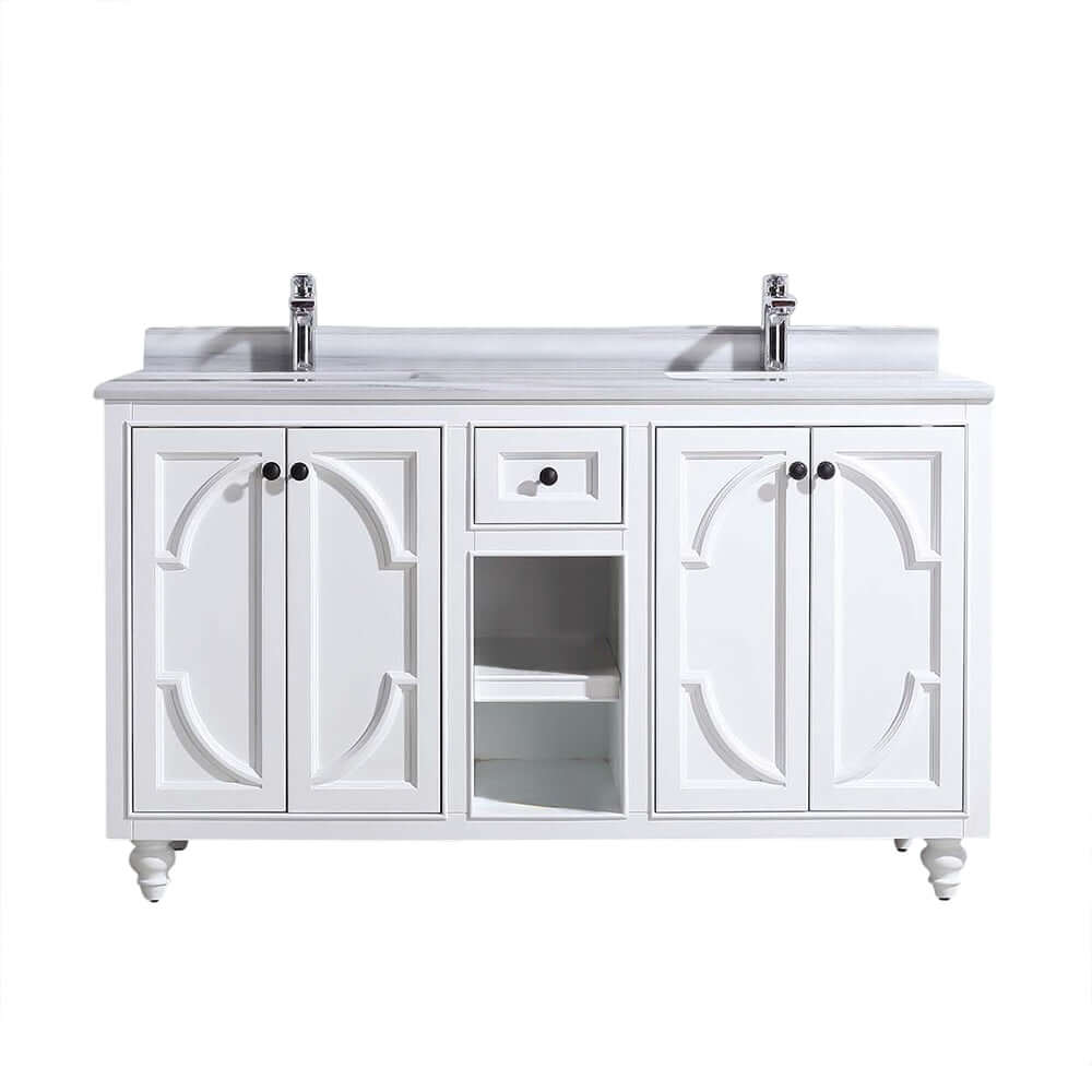 Odyssey 60" White Double Sink Bathroom Vanity with White Stripes Marble Countertop - 313613-60W-WS