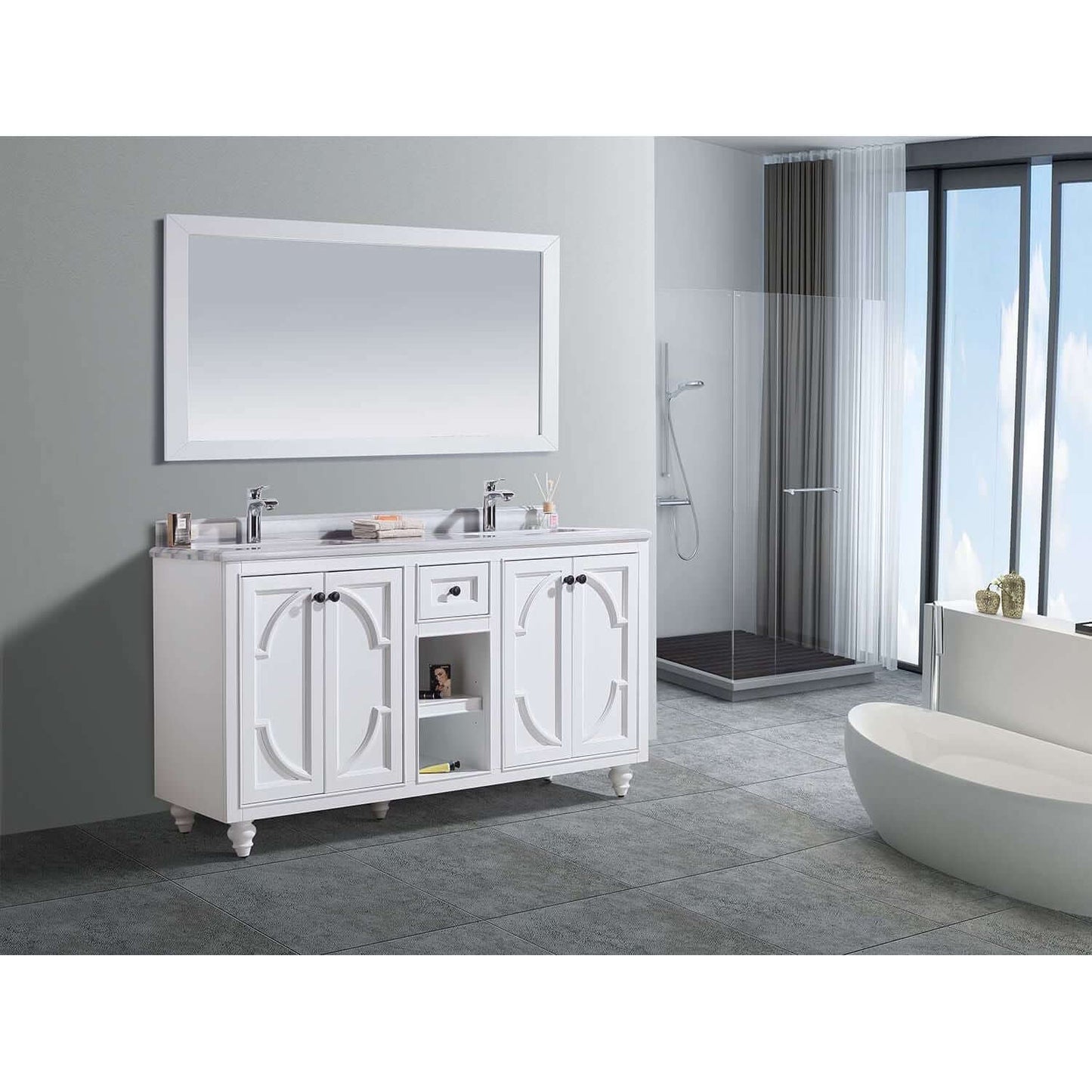 Odyssey 60" White Double Sink Bathroom Vanity with White Stripes Marble Countertop - 313613-60W-WS