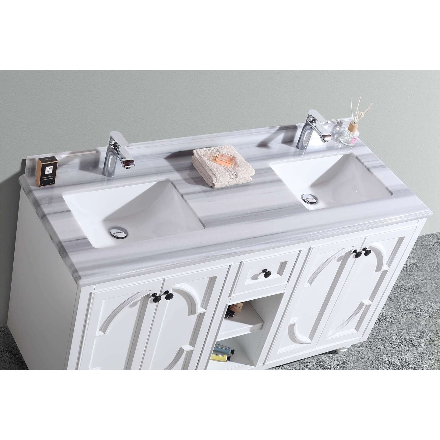 Odyssey 60" White Double Sink Bathroom Vanity with White Stripes Marble Countertop - 313613-60W-WS