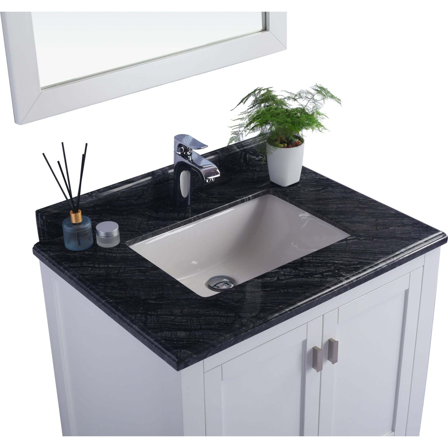 Wilson 30" White Bathroom Vanity with Black Wood Marble Countertop - 313ANG-30W-BW