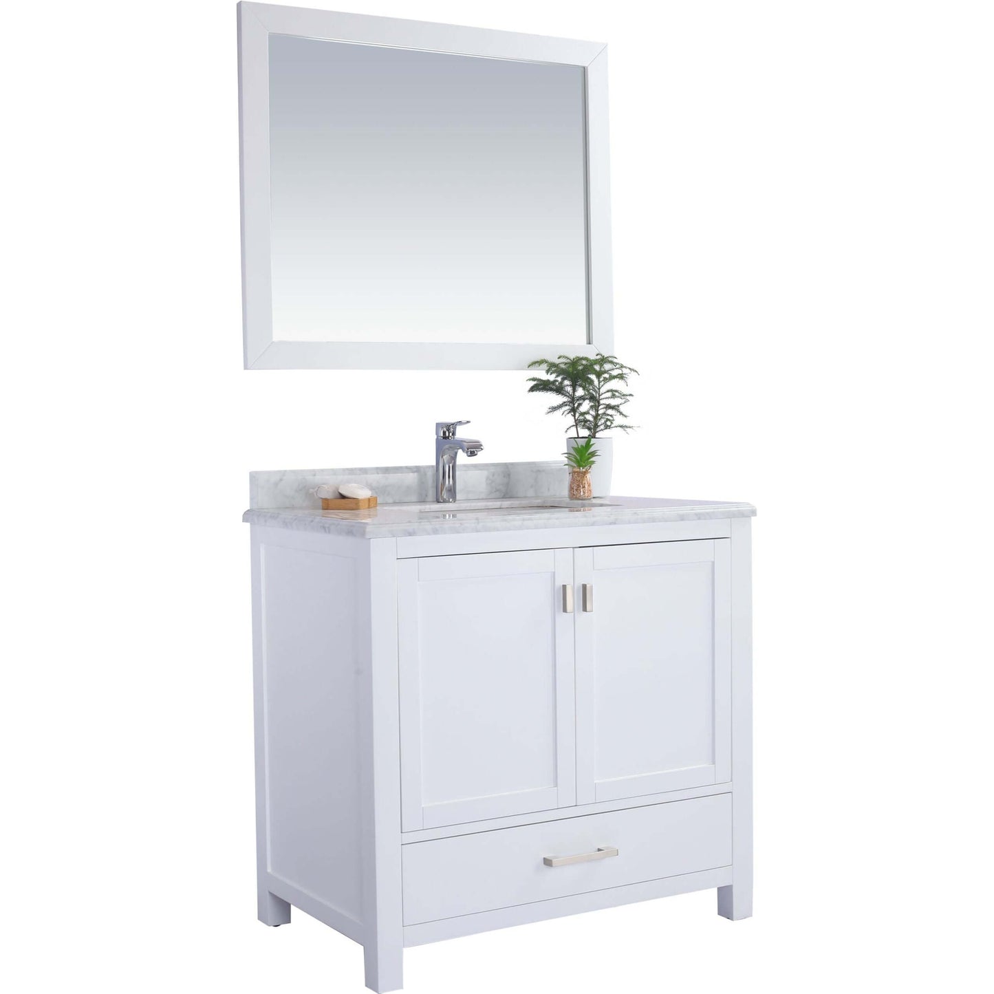 Wilson 36" White Bathroom Vanity with White Carrara Marble Countertop - 313ANG-36W-WC