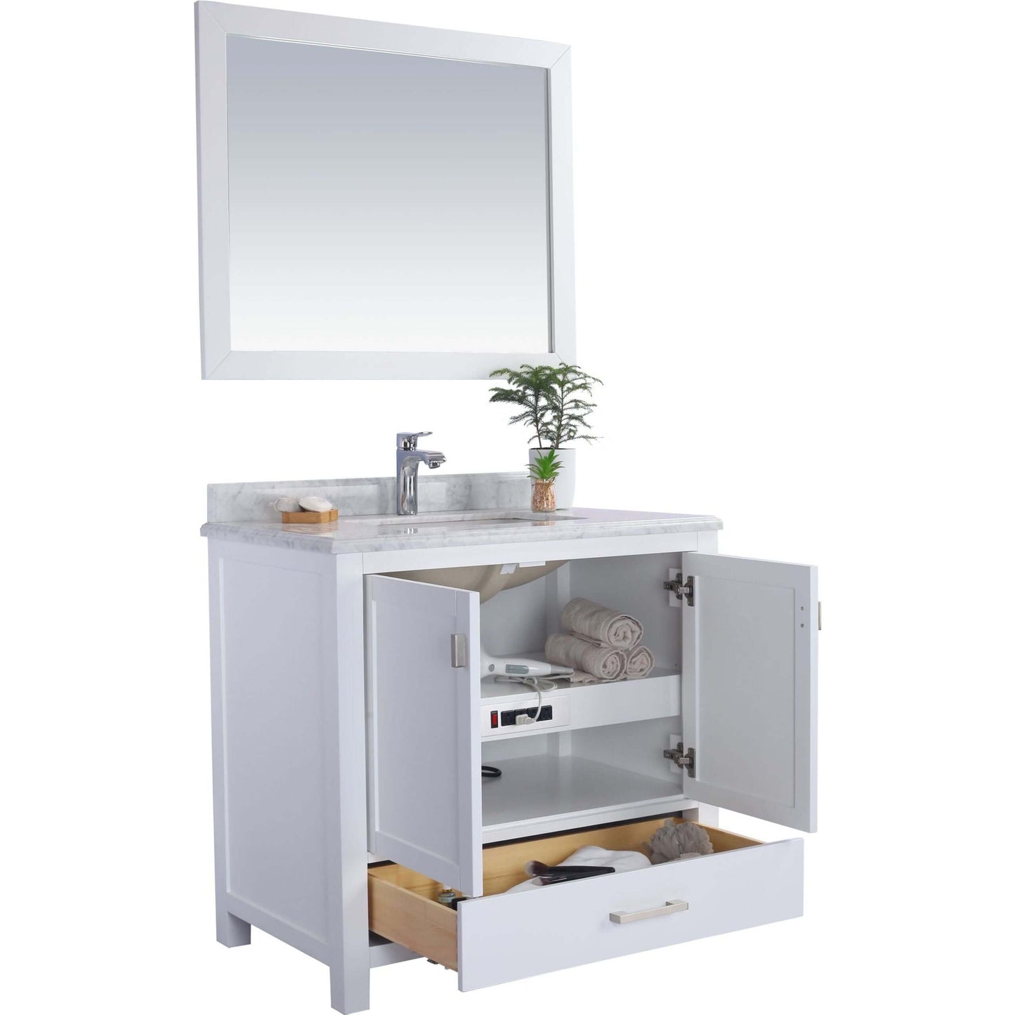 Wilson 36" White Bathroom Vanity with White Carrara Marble Countertop - 313ANG-36W-WC