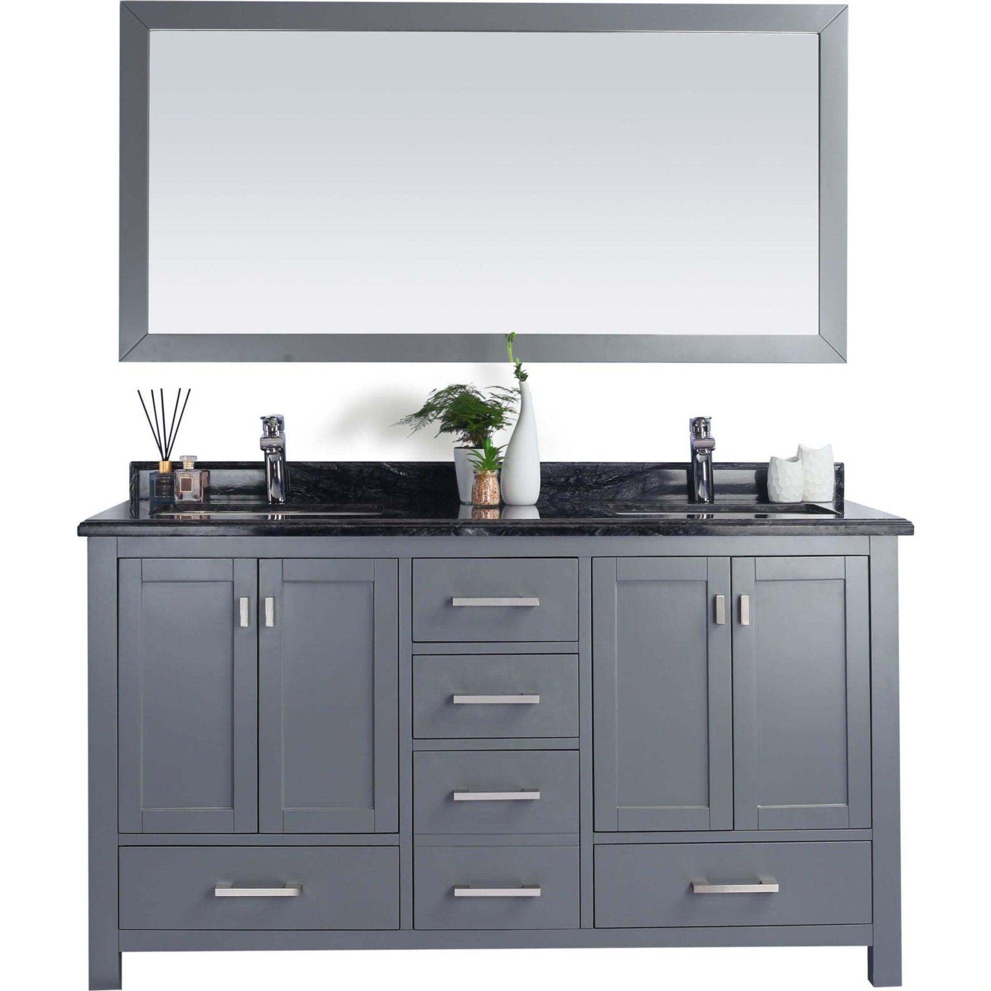 Wilson 60" Grey Double Sink Bathroom Vanity with Black Wood Marble Countertop - 313ANG-60G-BW