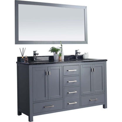 Wilson 60" Grey Double Sink Bathroom Vanity with Black Wood Marble Countertop - 313ANG-60G-BW