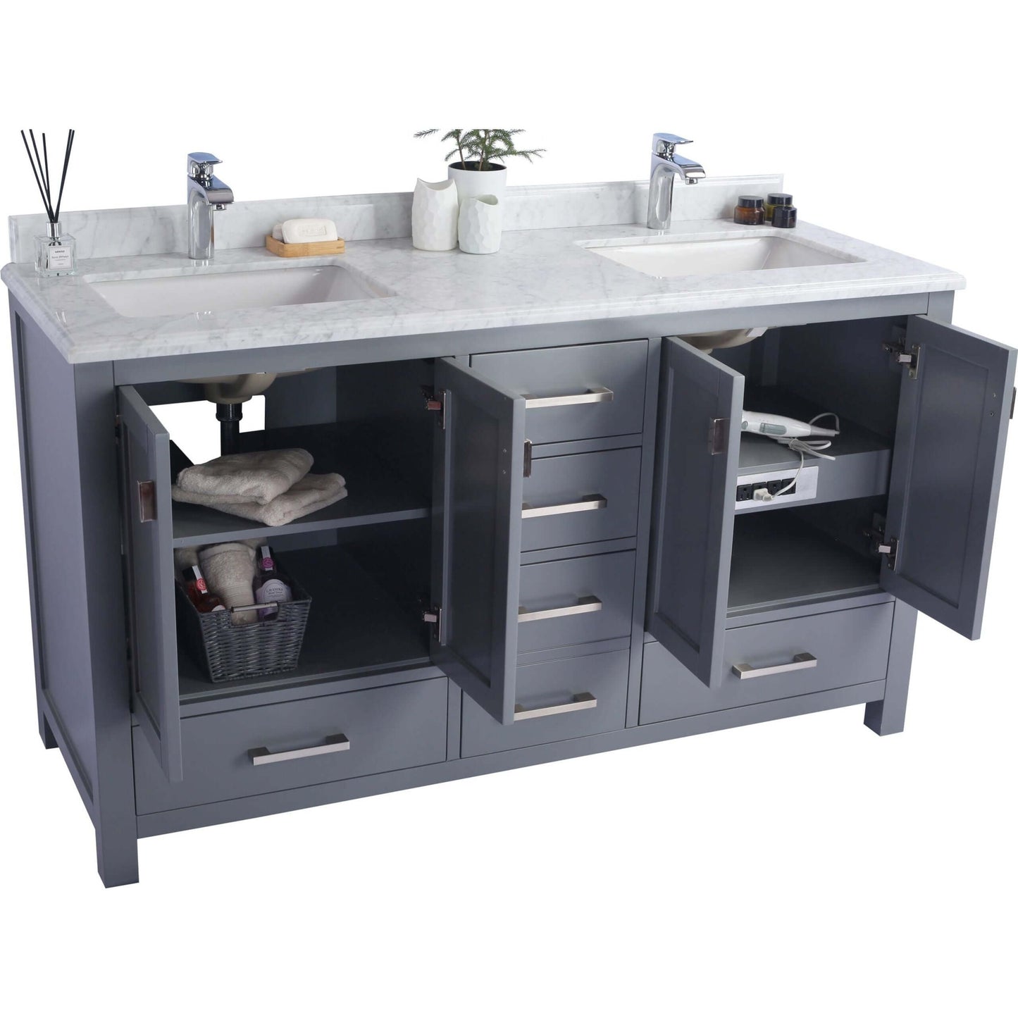 Wilson 60" Grey Double Sink Bathroom Vanity with Black Wood Marble Countertop - 313ANG-60G-BW