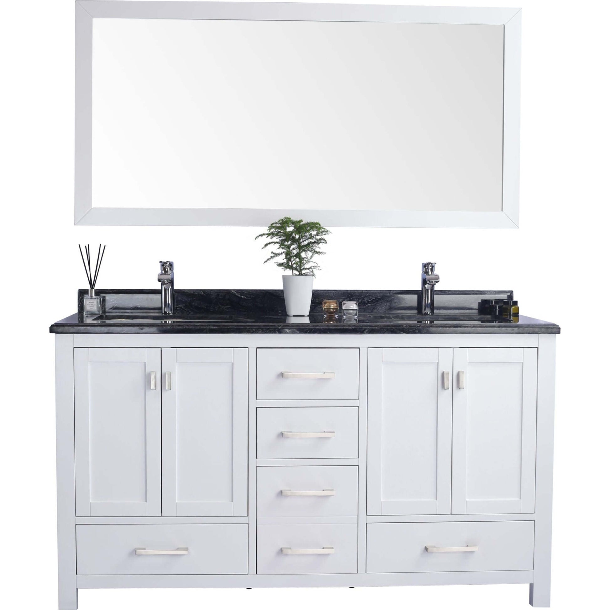 Wilson 60" White Double Sink Bathroom Vanity with Black Wood Marble Countertop - 313ANG-60W-BW