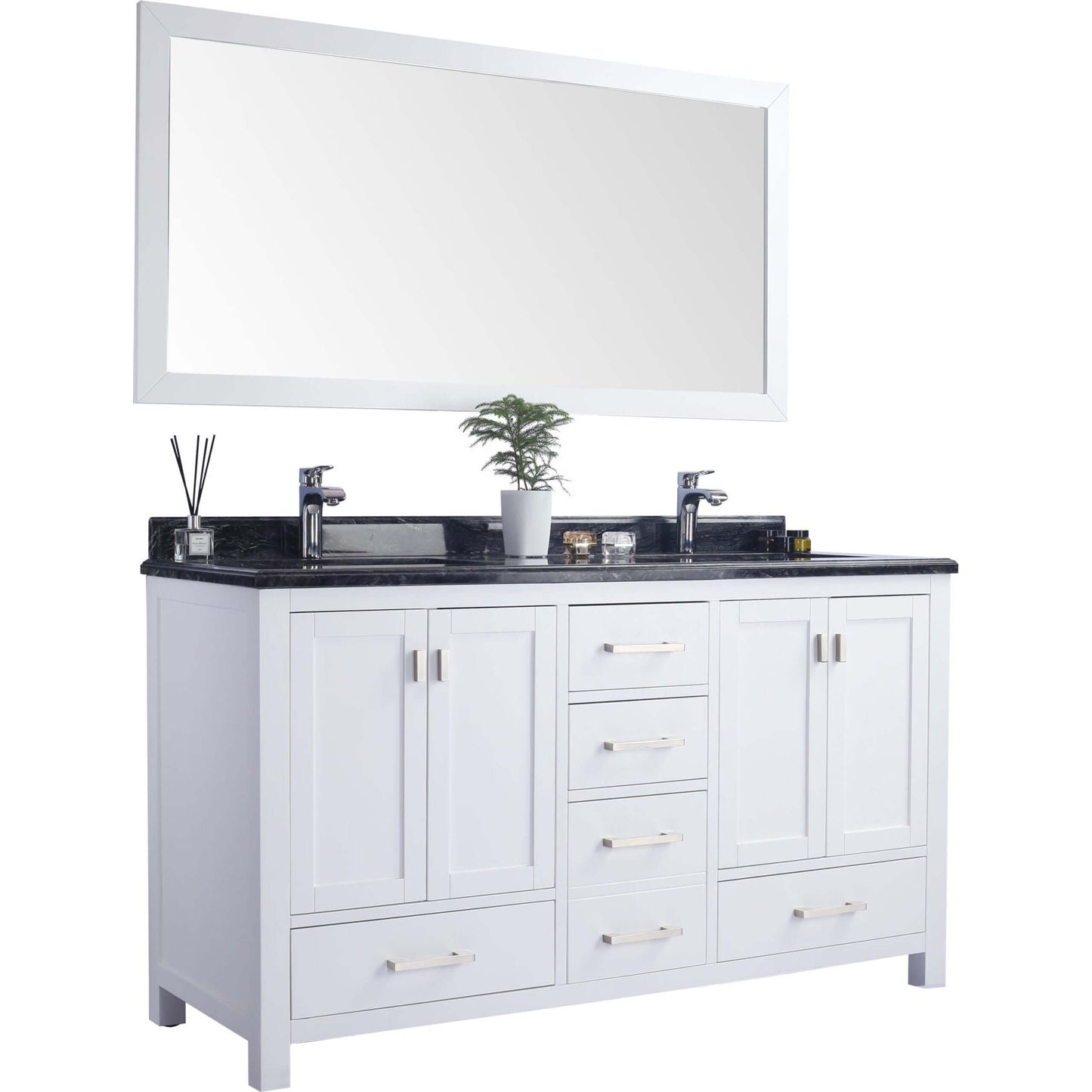 Wilson 60" White Double Sink Bathroom Vanity with Black Wood Marble Countertop - 313ANG-60W-BW