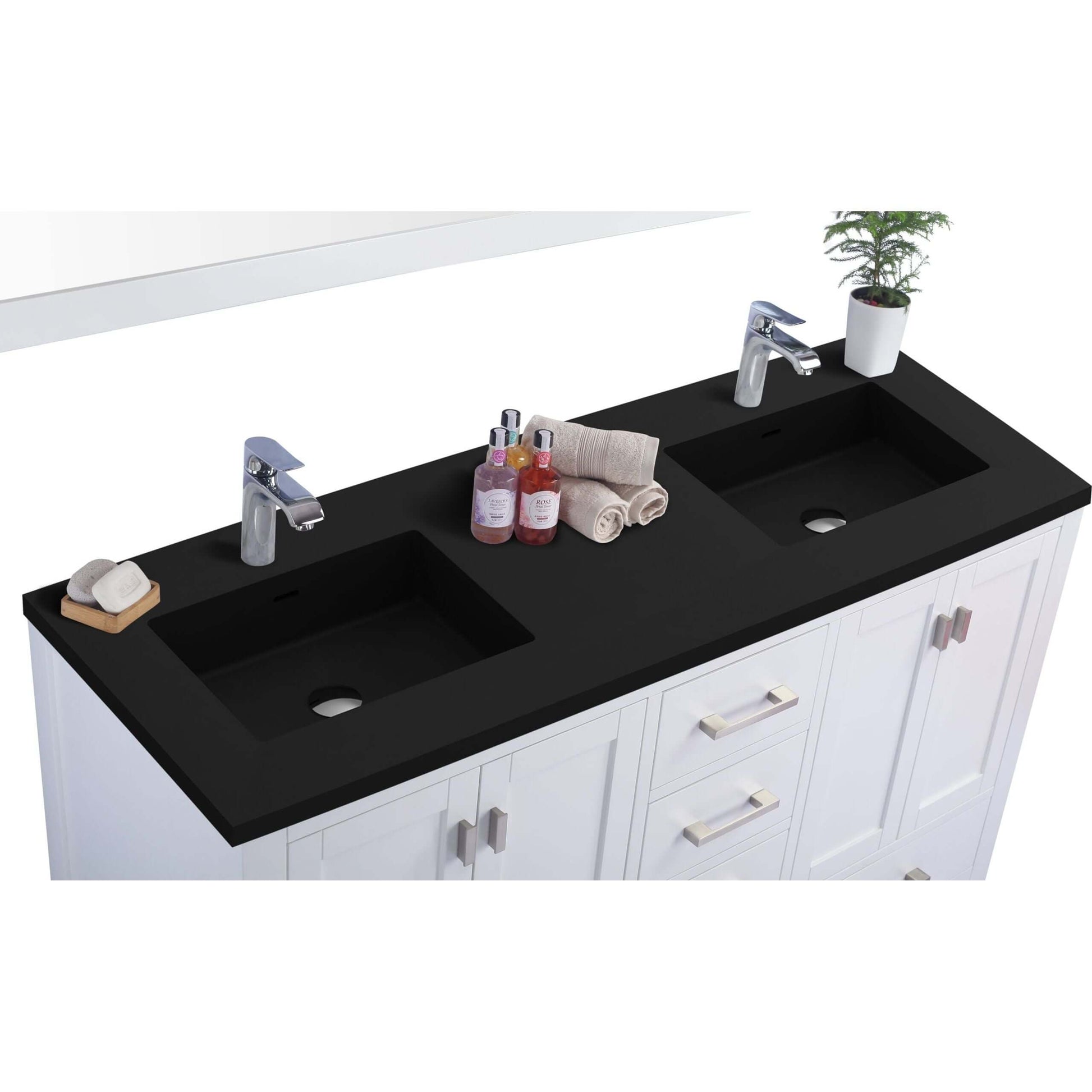 Wilson 60" White Double Sink Bathroom Vanity with Matte Black VIVA Stone Solid Surface Countertop - 313ANG-60W-MB