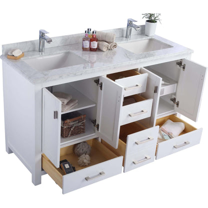 Wilson 60" White Double Sink Bathroom Vanity with White Carrara Marble Countertop - 313ANG-60W-WC