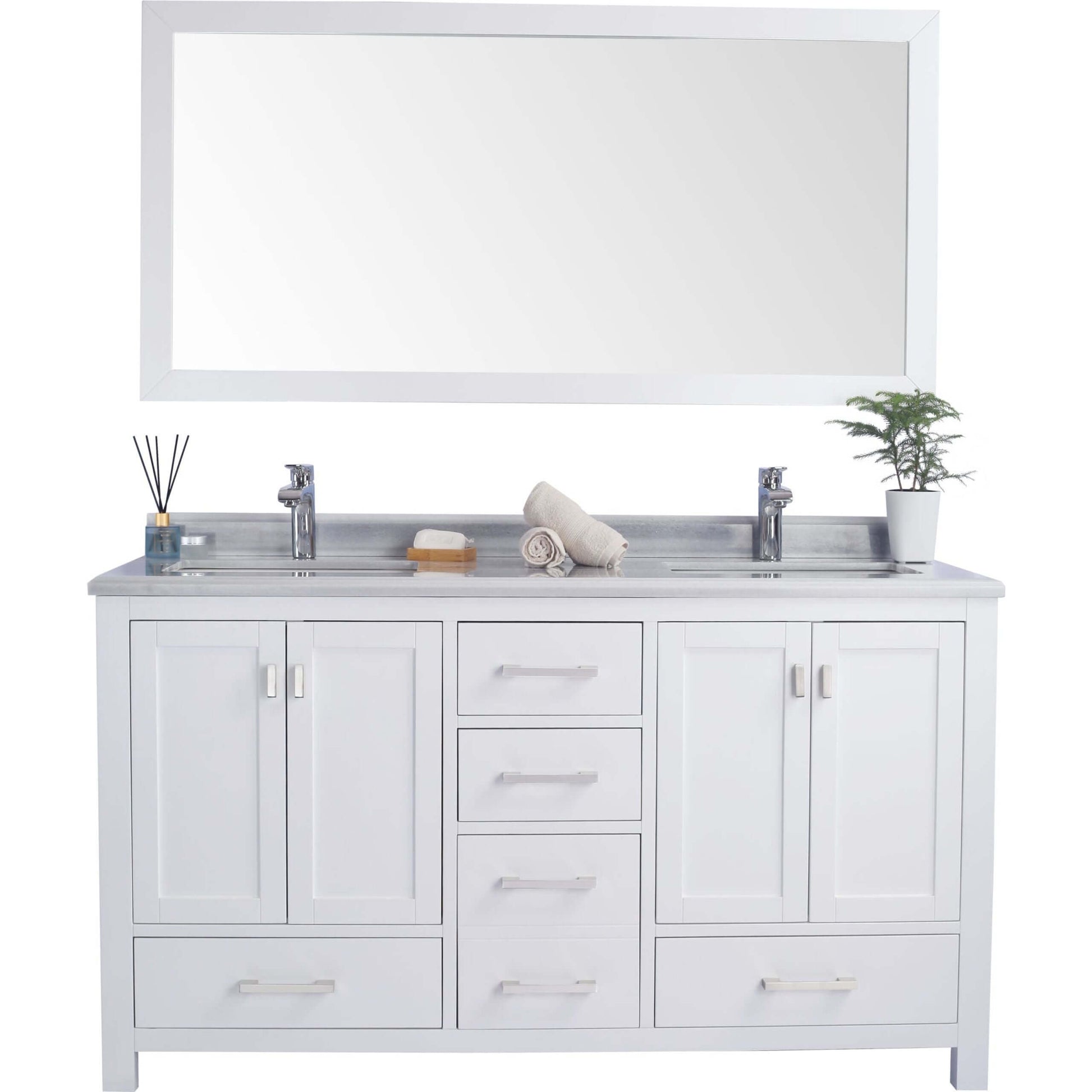 Wilson 60" White Double Sink Bathroom Vanity with White Stripes Marble Countertop - 313ANG-60W-WS