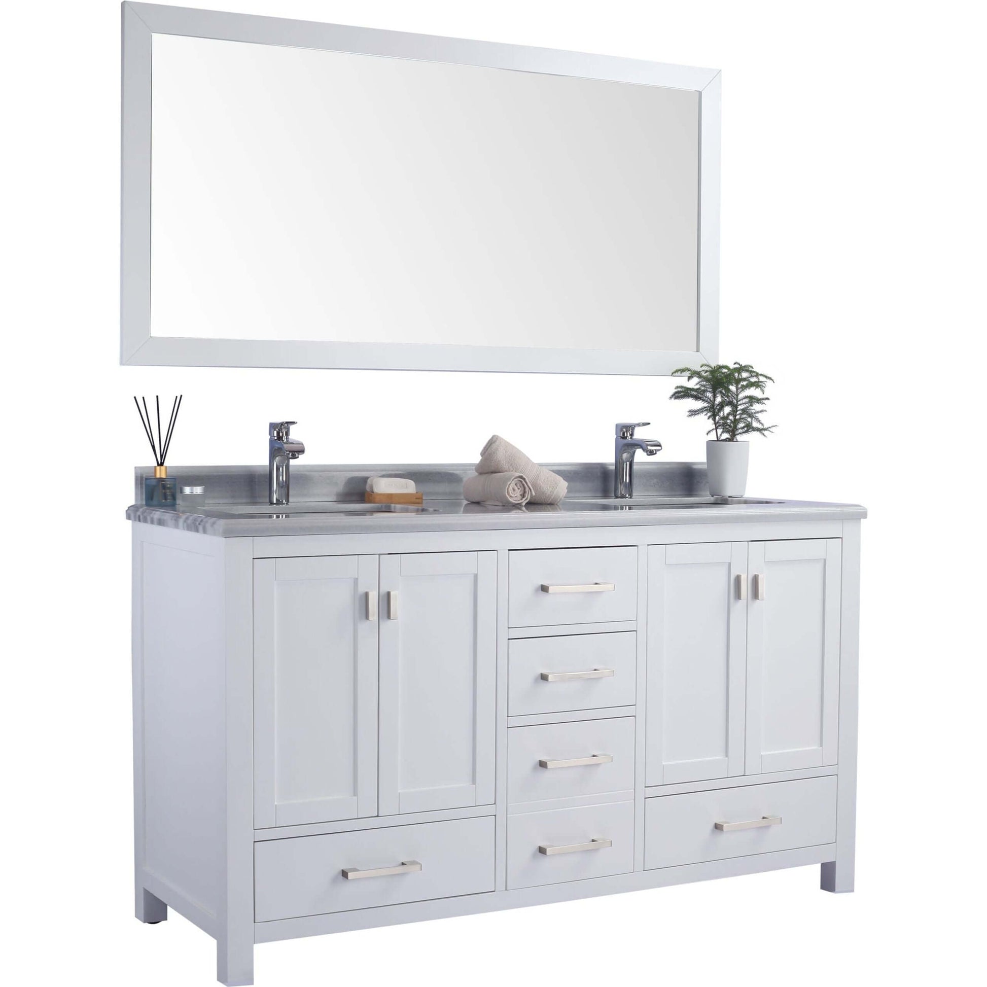 Wilson 60" White Double Sink Bathroom Vanity with White Stripes Marble Countertop - 313ANG-60W-WS