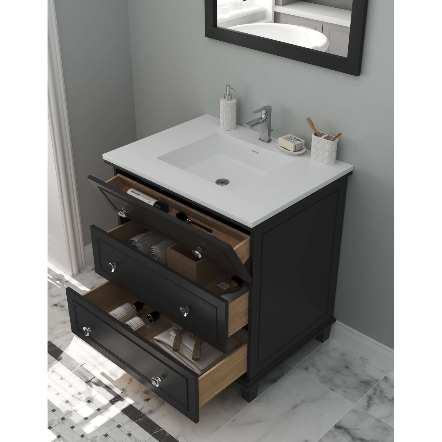 Luna 30" Espresso Bathroom Vanity with Matte White VIVA Stone Solid Surface Countertop - 313DVN-30E-MW