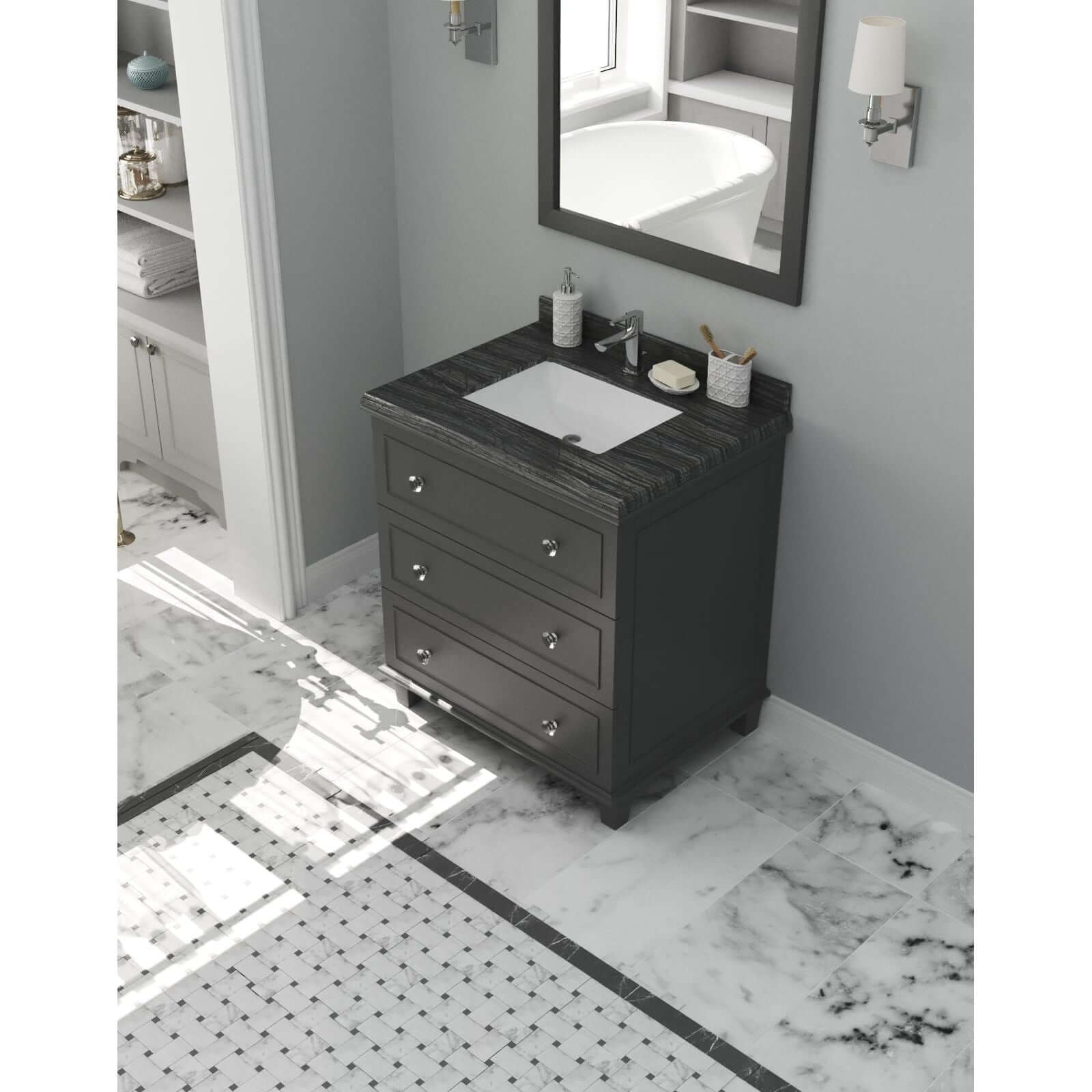 Luna 30" Maple Grey Bathroom Vanity with Black Wood Marble Countertop - 313DVN-30G-BW