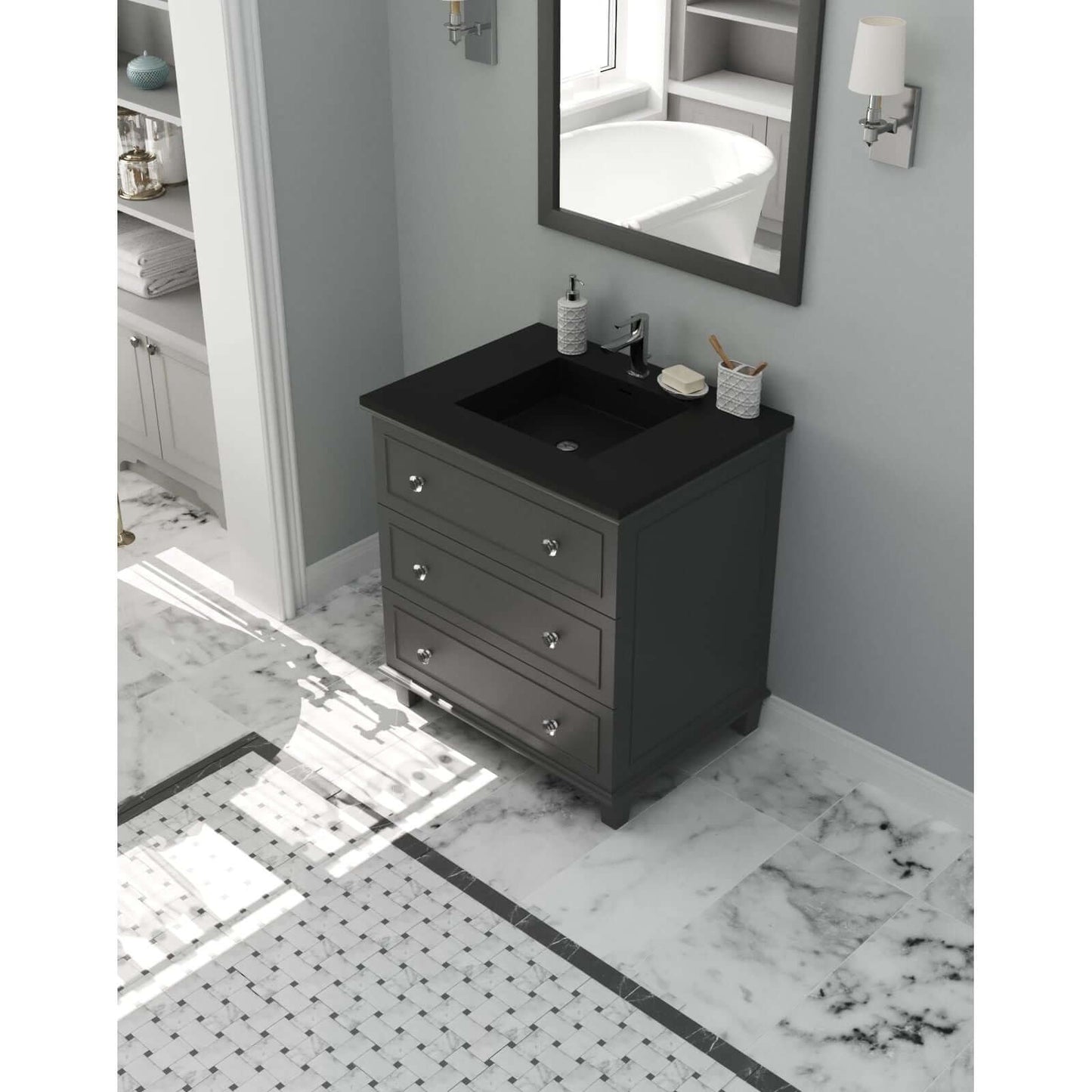 Luna 30" Maple Grey Bathroom Vanity with Matte Black VIVA Stone Solid Surface Countertop - 313DVN-30G-MB