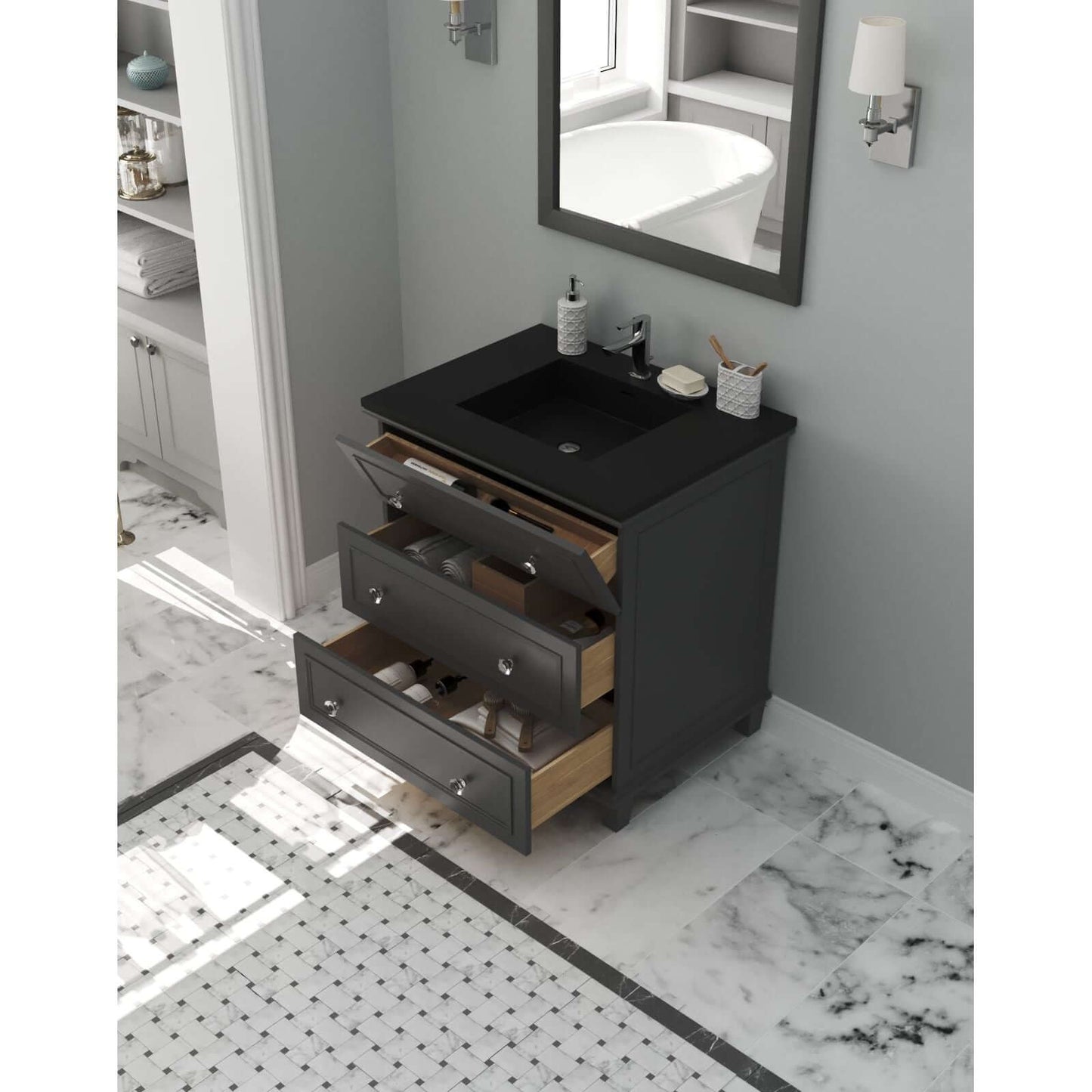 Luna 30" Maple Grey Bathroom Vanity with Matte Black VIVA Stone Solid Surface Countertop - 313DVN-30G-MB