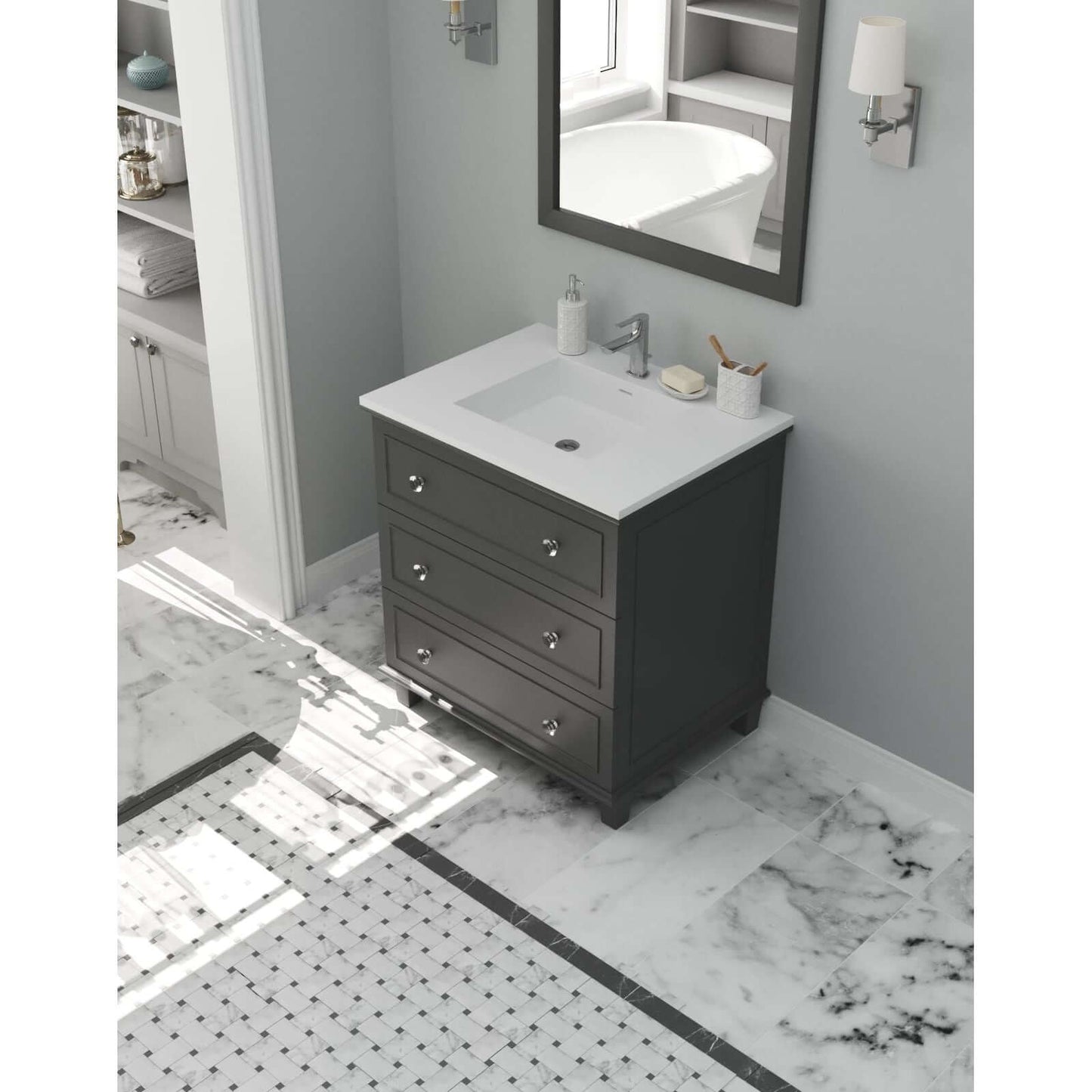 Luna 30" Maple Grey Bathroom Vanity with Matte White VIVA Stone Solid Surface Countertop - 313DVN-30G-MW