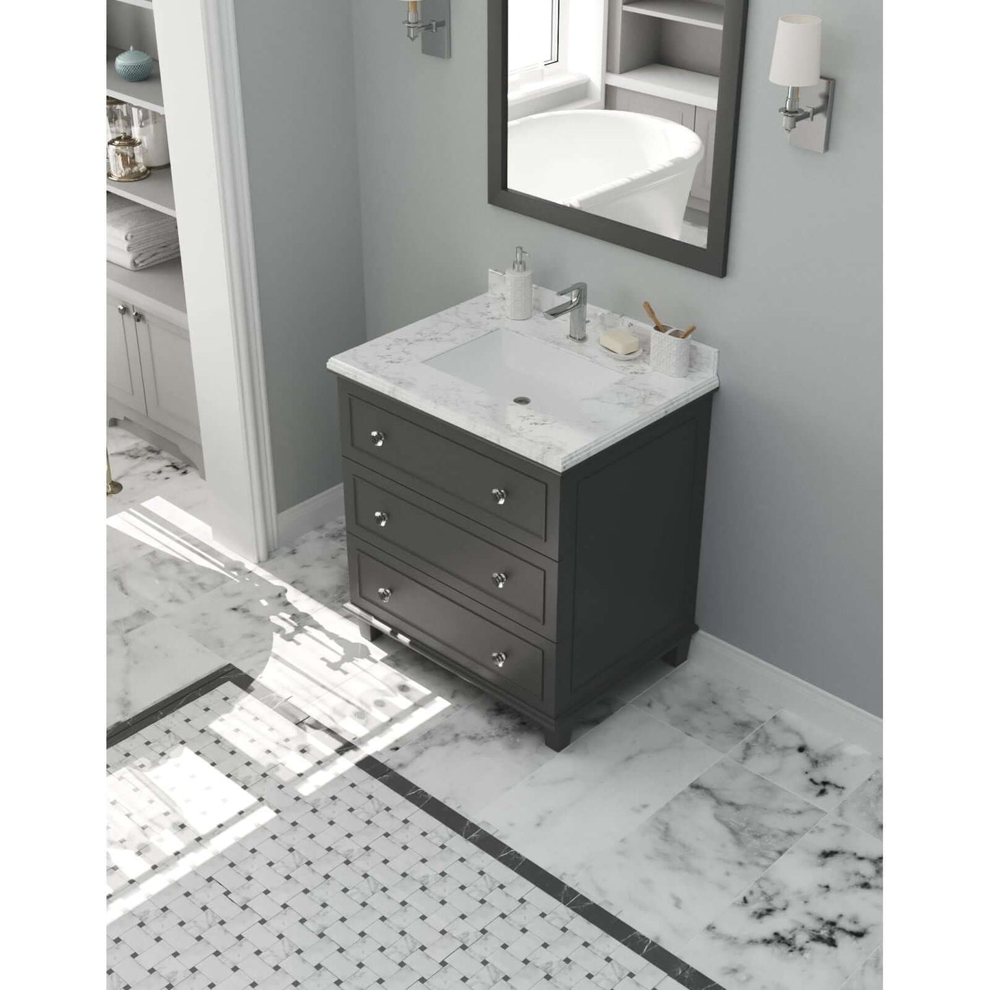 Luna 30" Maple Grey Bathroom Vanity with White Carrara Marble Countertop - 313DVN-30G-WC