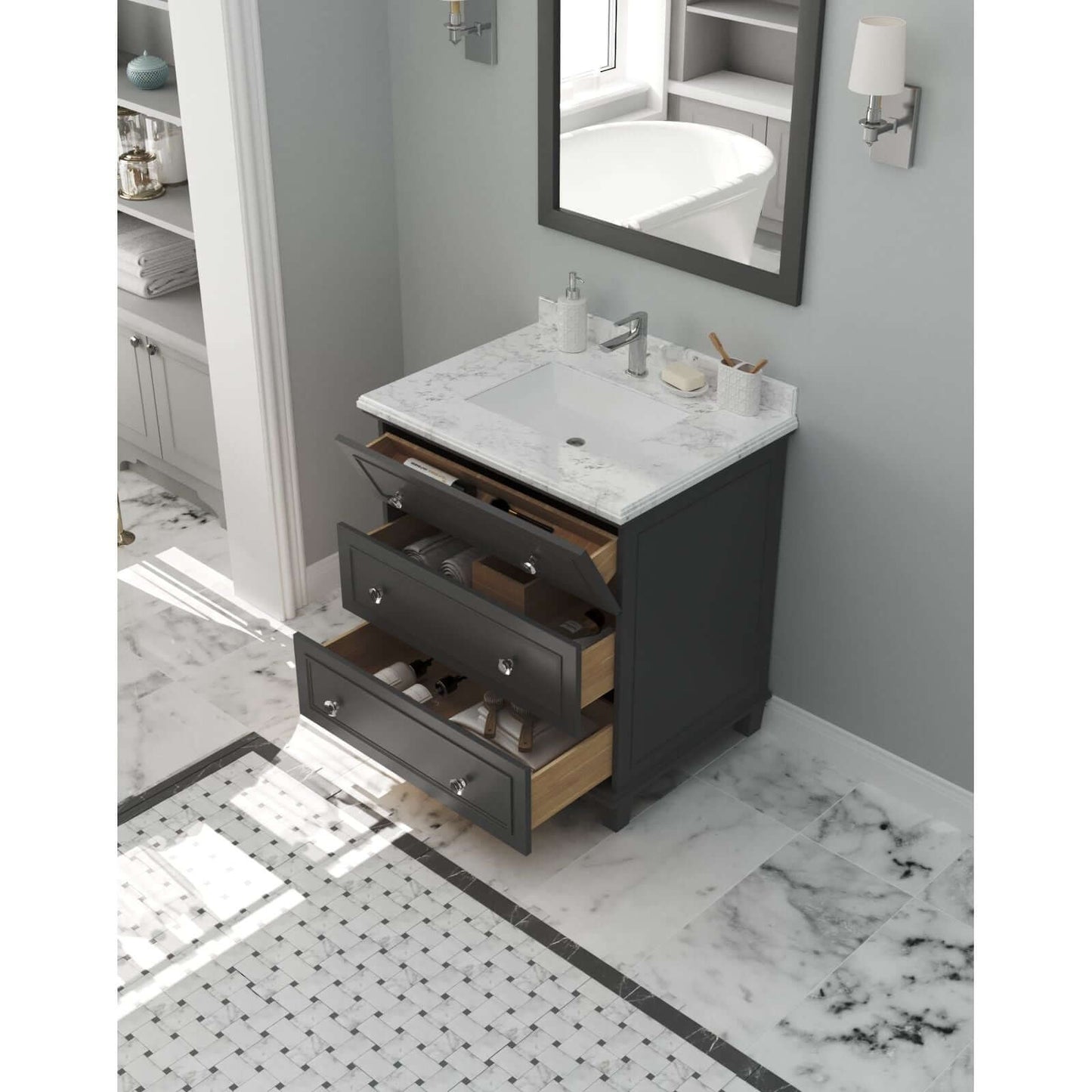 Luna 30" Maple Grey Bathroom Vanity with White Carrara Marble Countertop - 313DVN-30G-WC