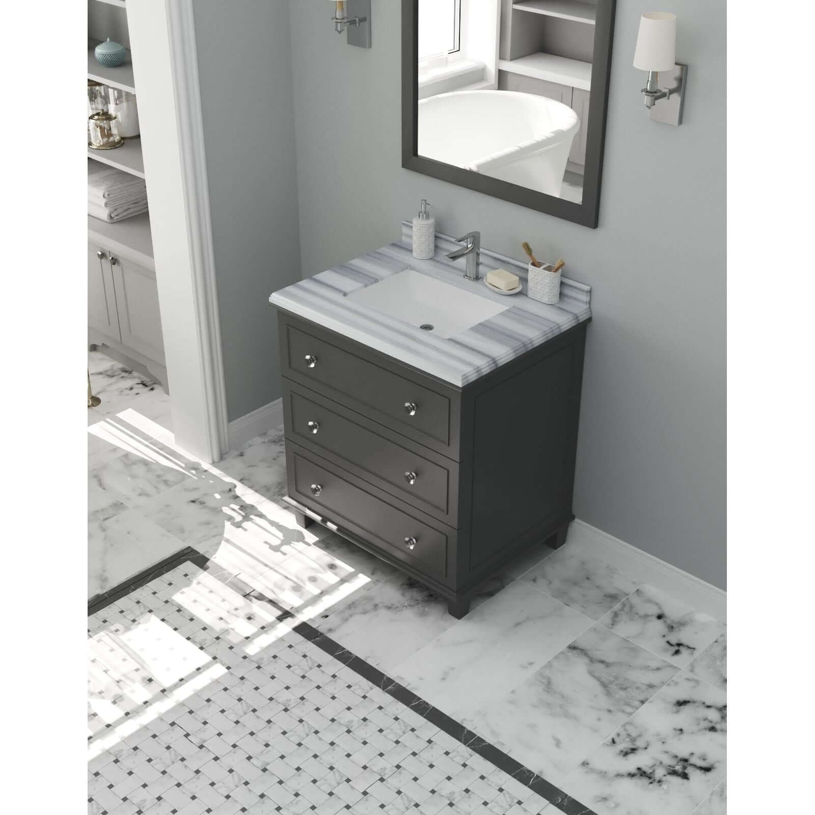 Luna 30" Maple Grey Bathroom Vanity with White Stripes Marble Countertop - 313DVN-30G-WS