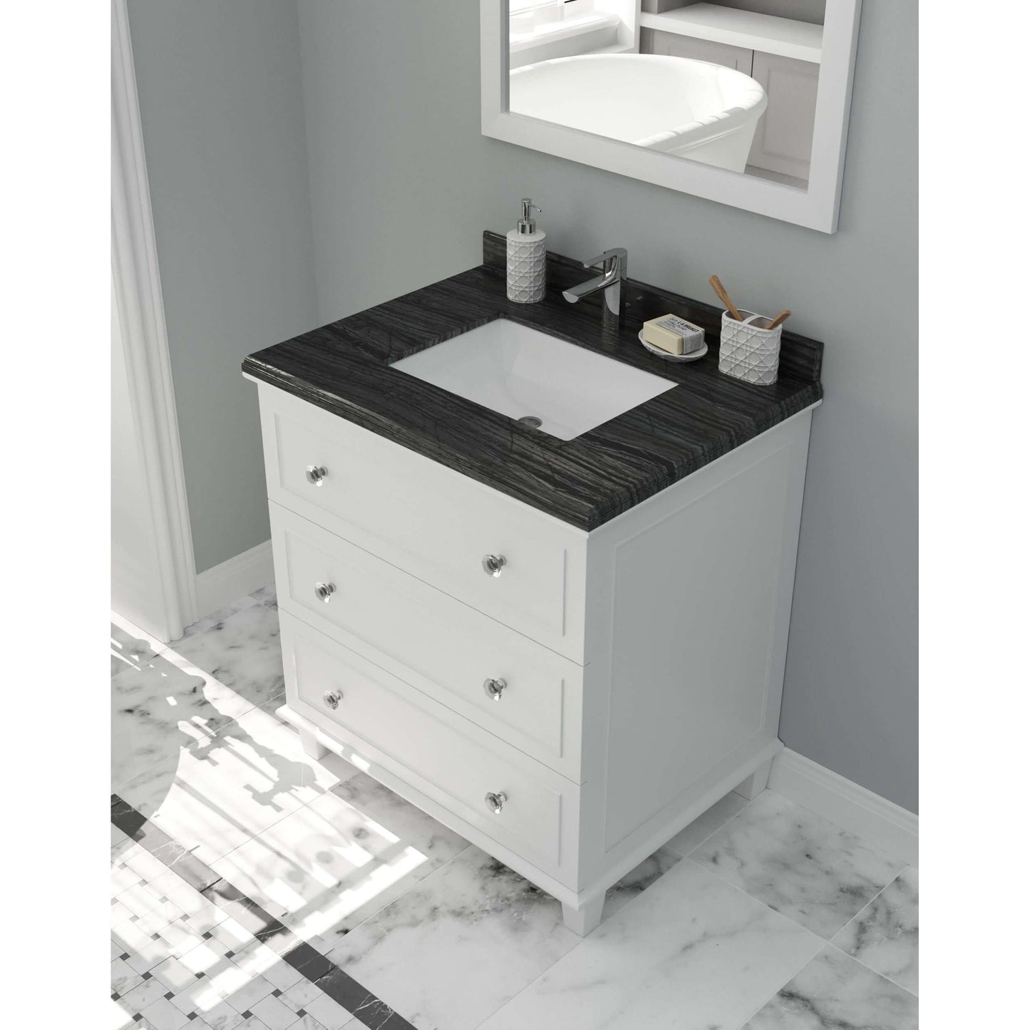 Luna 30" White Bathroom Vanity with Black Wood Marble Countertop - 313DVN-30W-BW