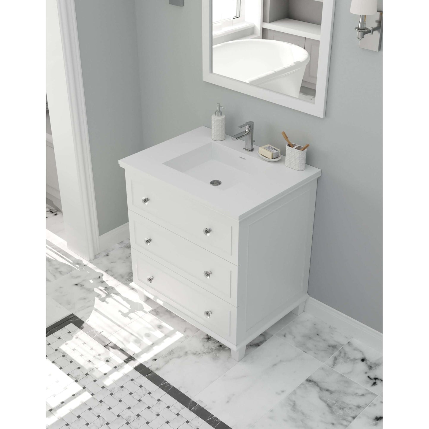 Luna 30" White Bathroom Vanity with Matte White VIVA Stone Solid Surface Countertop - 313DVN-30W-MW