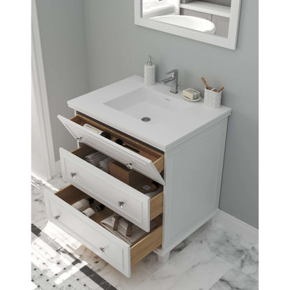 Luna 30" White Bathroom Vanity with Matte White VIVA Stone Solid Surface Countertop - 313DVN-30W-MW