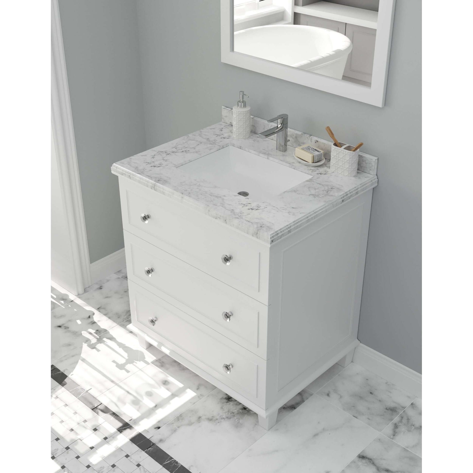 Luna 30" White Bathroom Vanity with White Carrara Marble Countertop - 313DVN-30W-WC