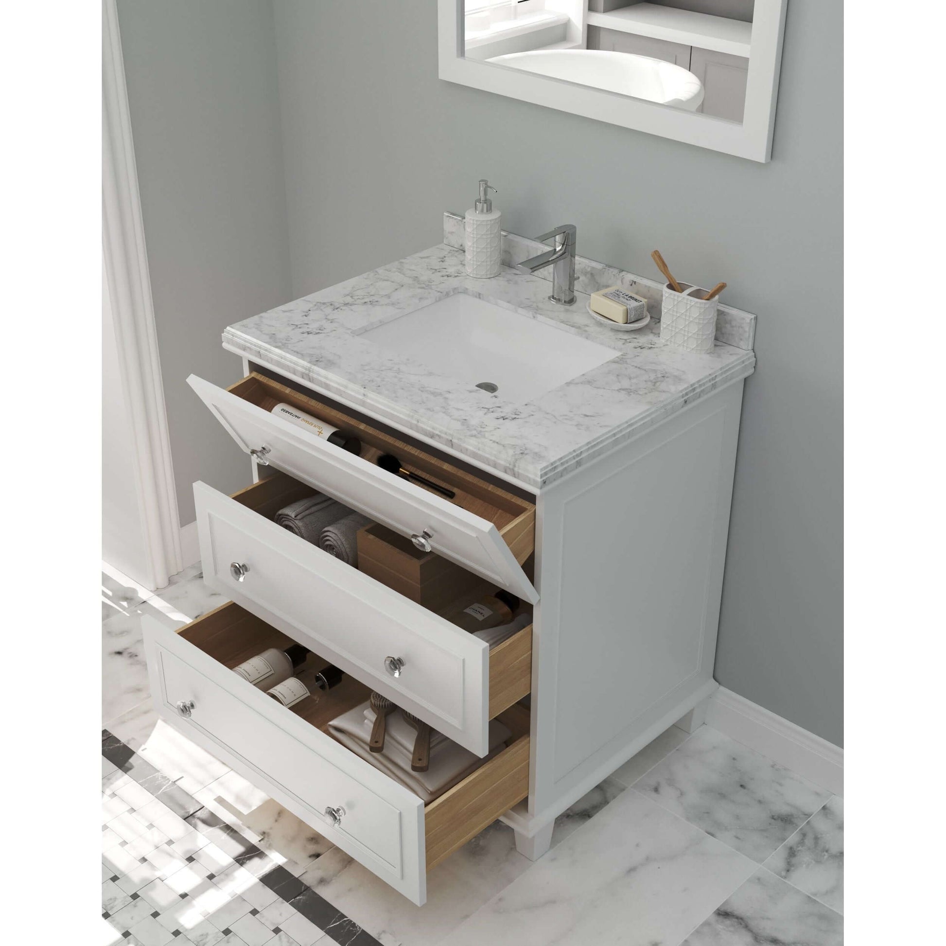 Luna 30" White Bathroom Vanity with White Carrara Marble Countertop - 313DVN-30W-WC