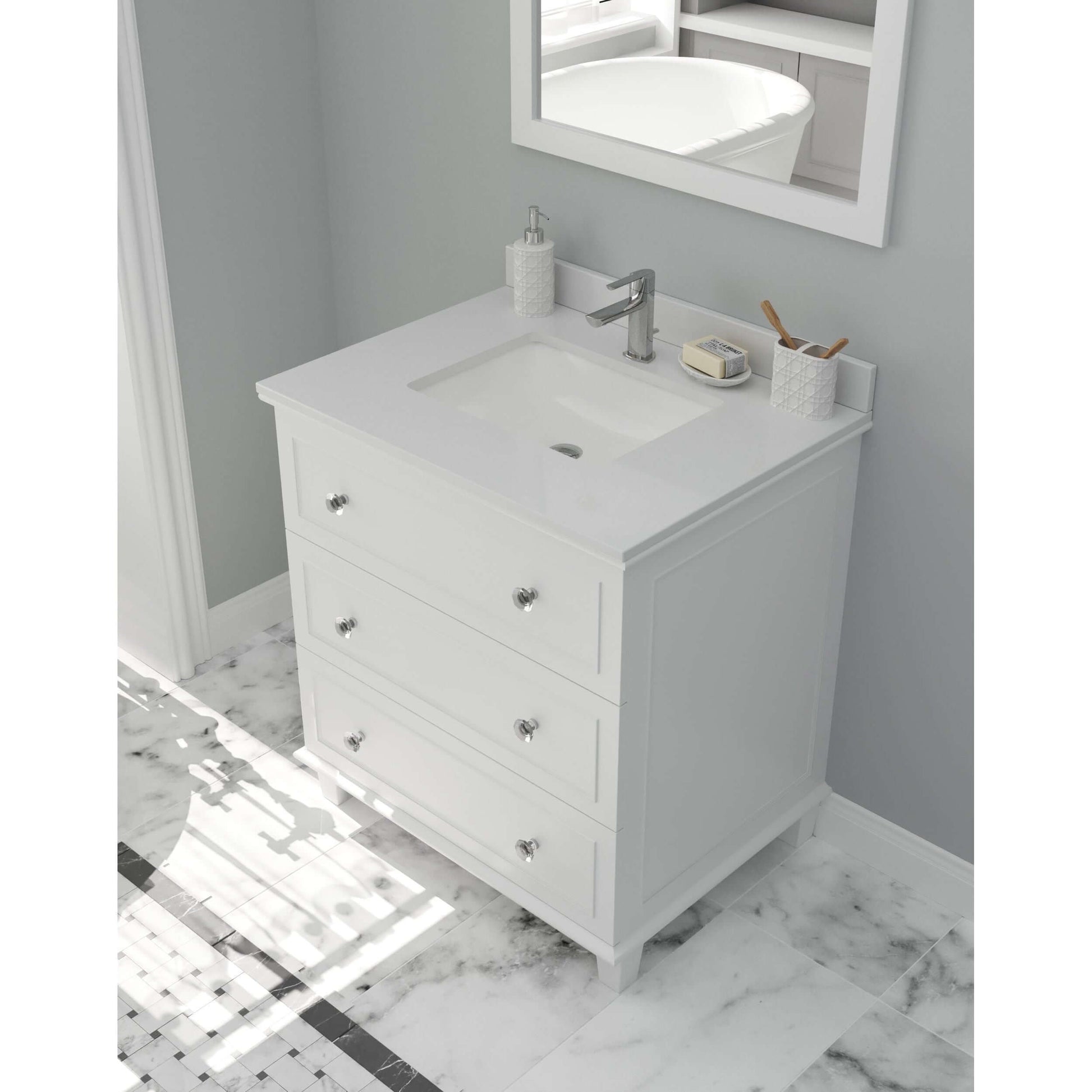 Luna 30" White Bathroom Vanity with White Quartz Countertop - 313DVN-30W-WQ