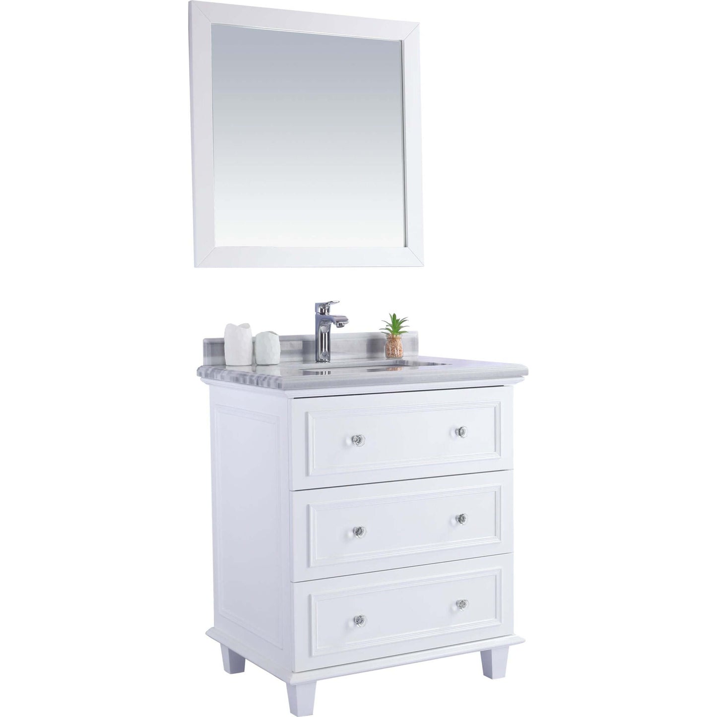 Luna 30" White Bathroom Vanity with White Stripes Marble Countertop - 313DVN-30W-WS