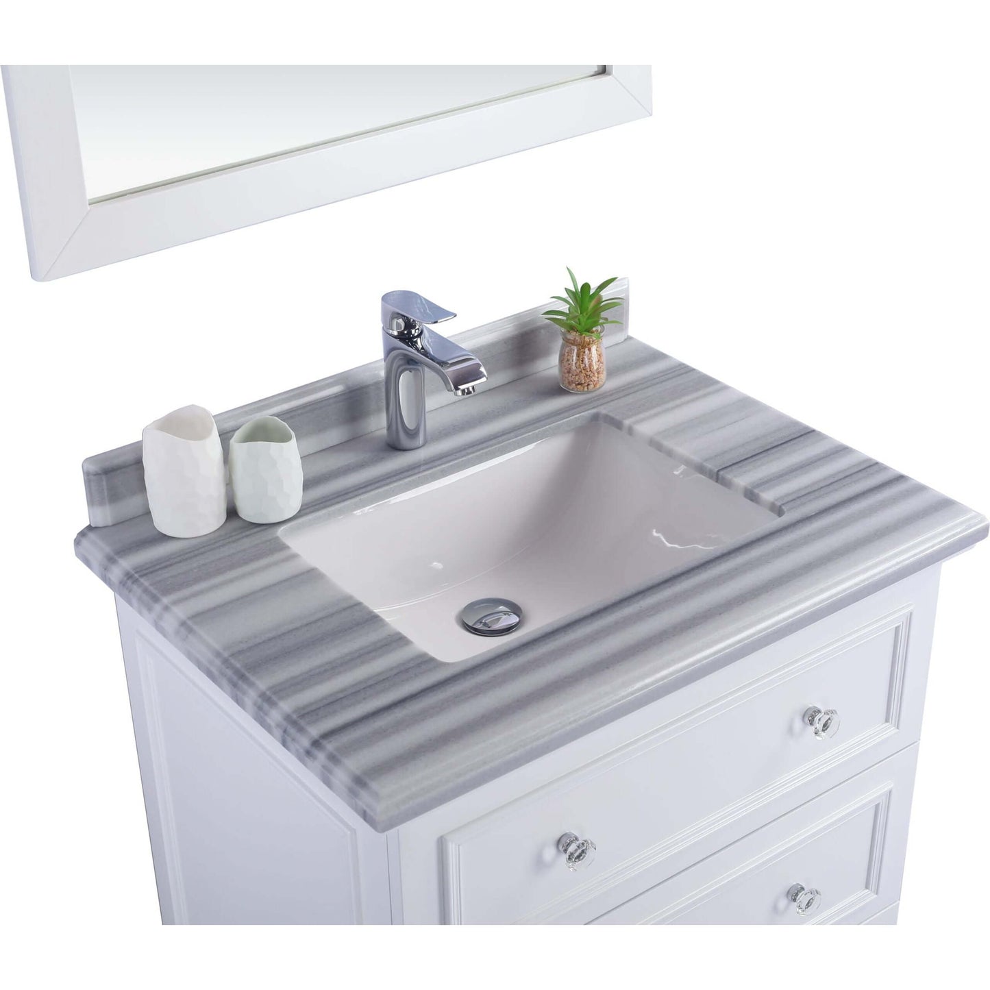 Luna 30" White Bathroom Vanity with White Stripes Marble Countertop - 313DVN-30W-WS