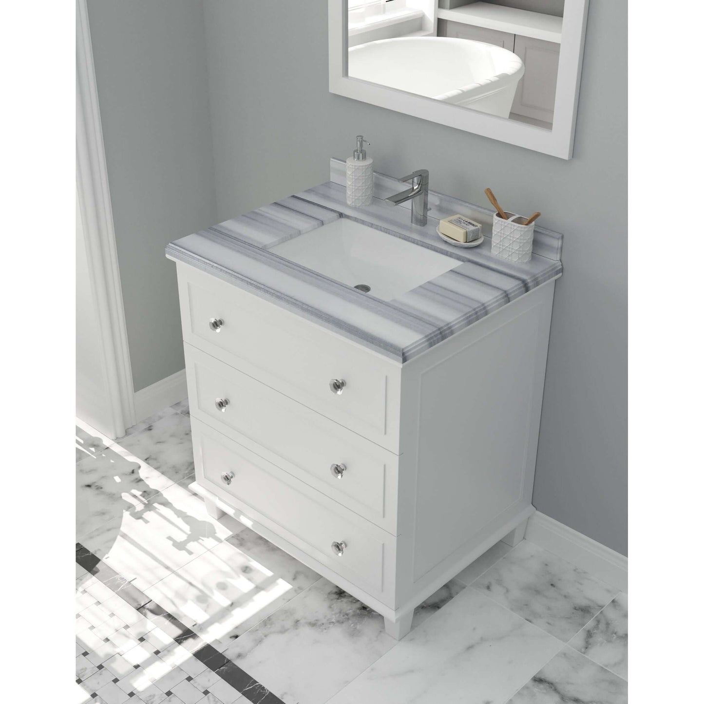 Luna 30" White Bathroom Vanity with White Stripes Marble Countertop - 313DVN-30W-WS