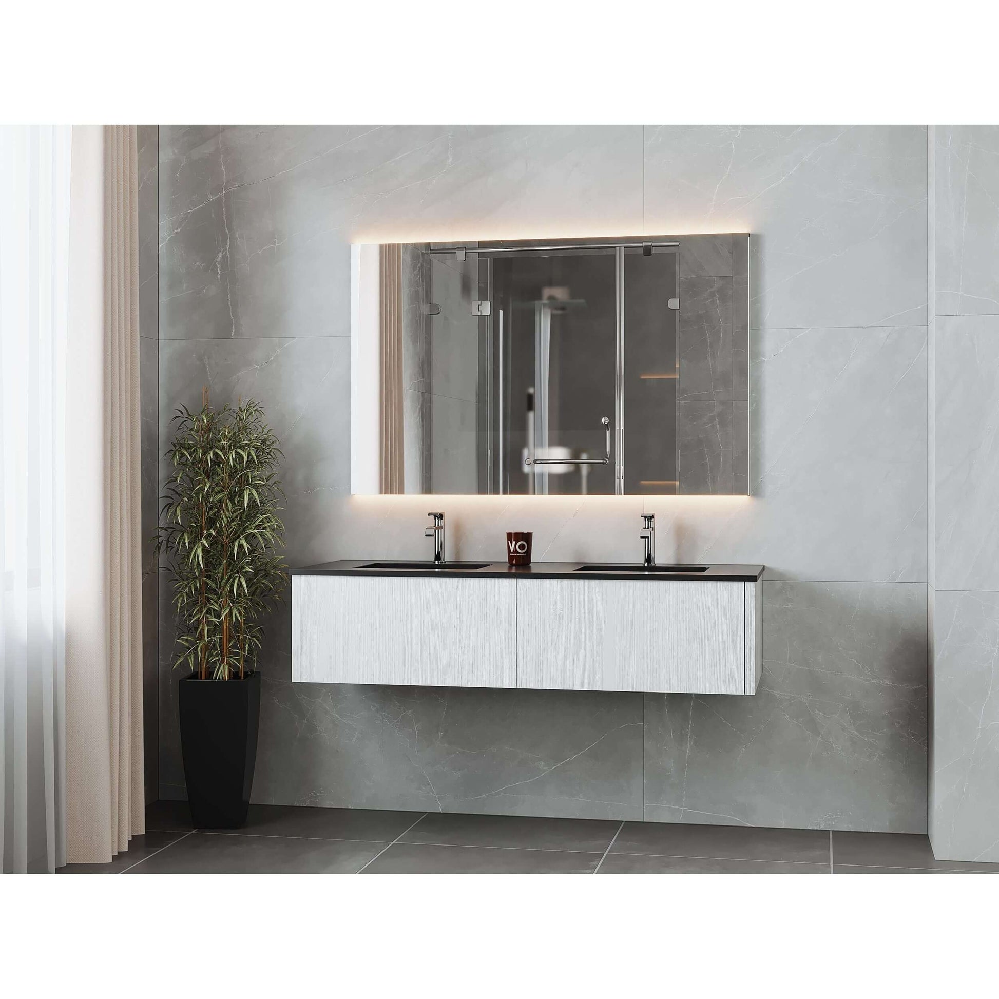 Legno 60" Alabaster White Double Sink Bathroom Vanity with Matte Black VIVA Stone Solid Surface Countertop - 313LGN-60DAW-MB