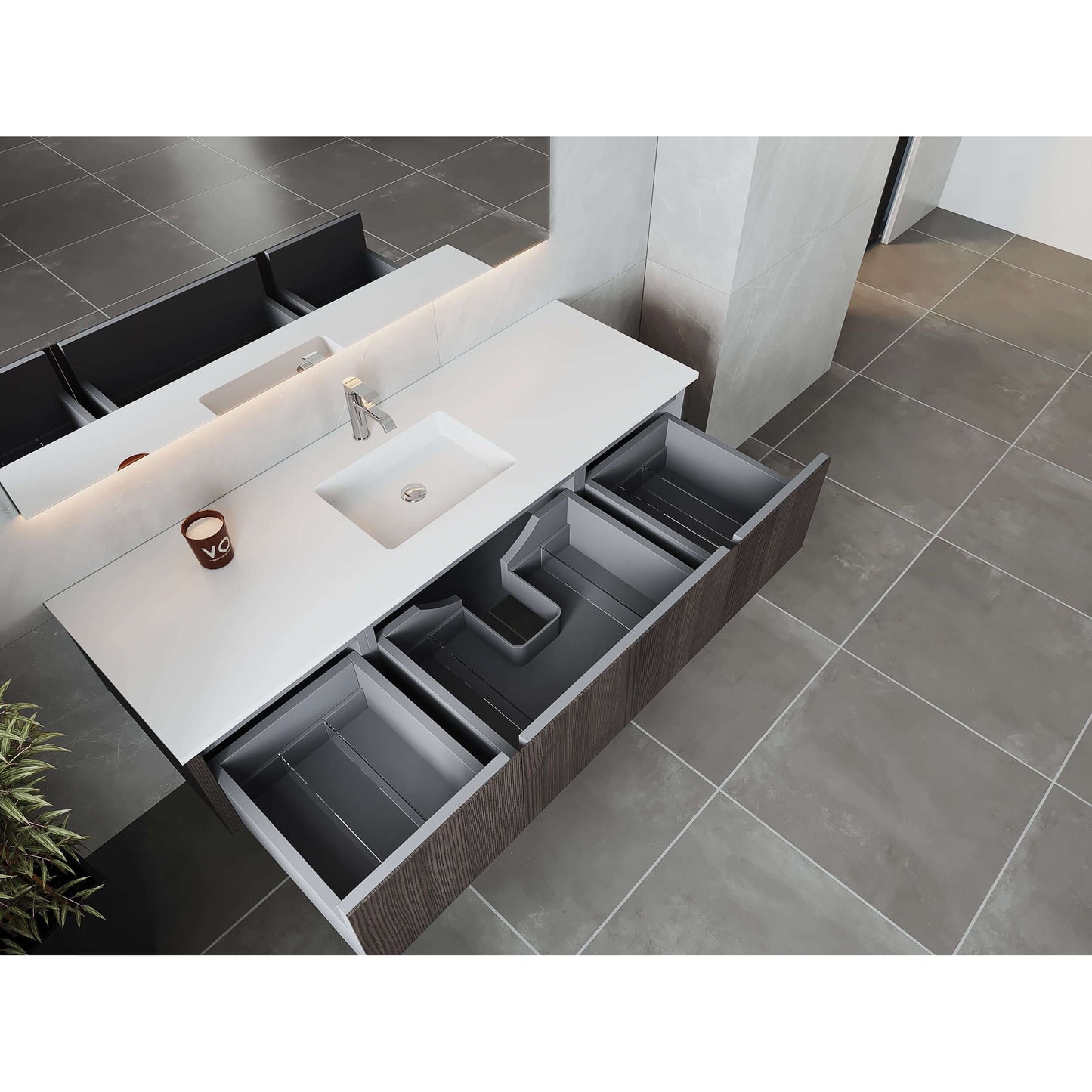 Legno 66" Carbon Oak Bathroom Vanity with Matte White VIVA Stone Solid Surface Countertop - 313LGN-66CR-MW