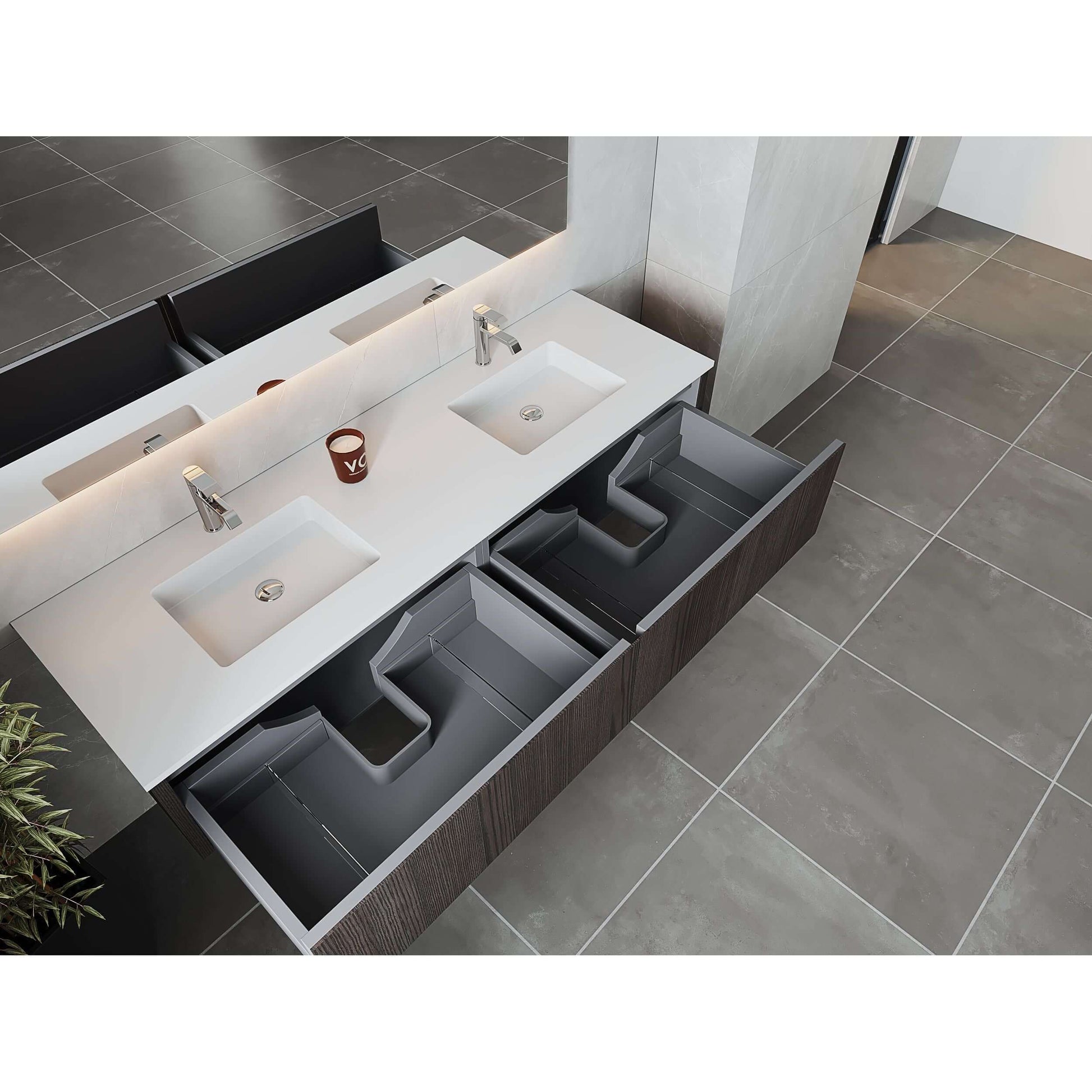 Legno 72" Carbon Oak Double Sink Bathroom Vanity with Matte White VIVA Stone Solid Surface Countertop - 313LGN-72DCR-MW