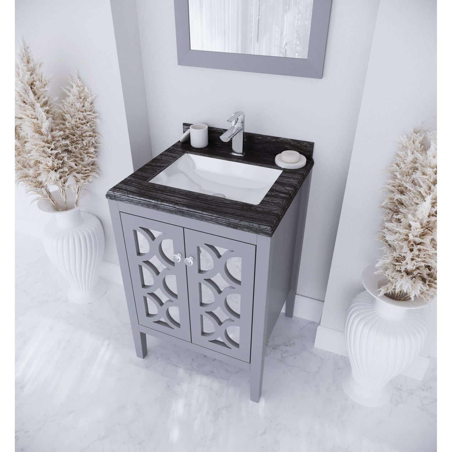 Mediterraneo 24" Grey Bathroom Vanity with Black Wood Marble Countertop - 313MKSH-24G-BW