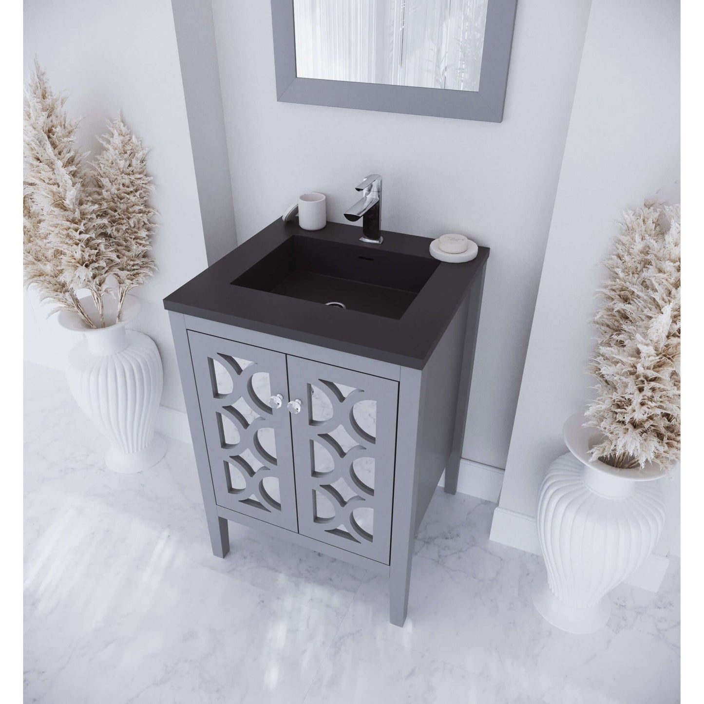 Mediterraneo 24" Grey Bathroom Vanity with Matte Black VIVA Stone Solid Surface Countertop - 313MKSH-24G-MB