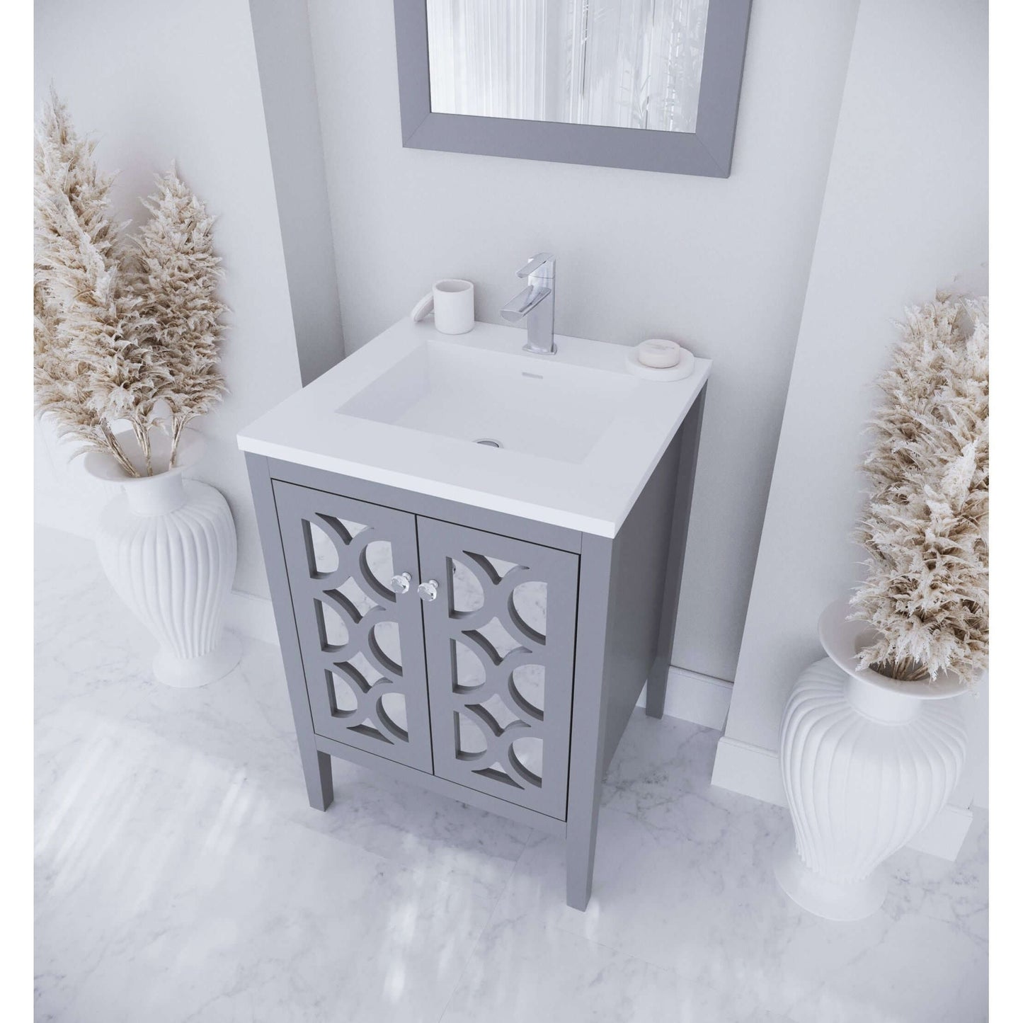 Mediterraneo 24" Grey Bathroom Vanity with Matte White VIVA Stone Solid Surface Countertop - 313MKSH-24G-MW