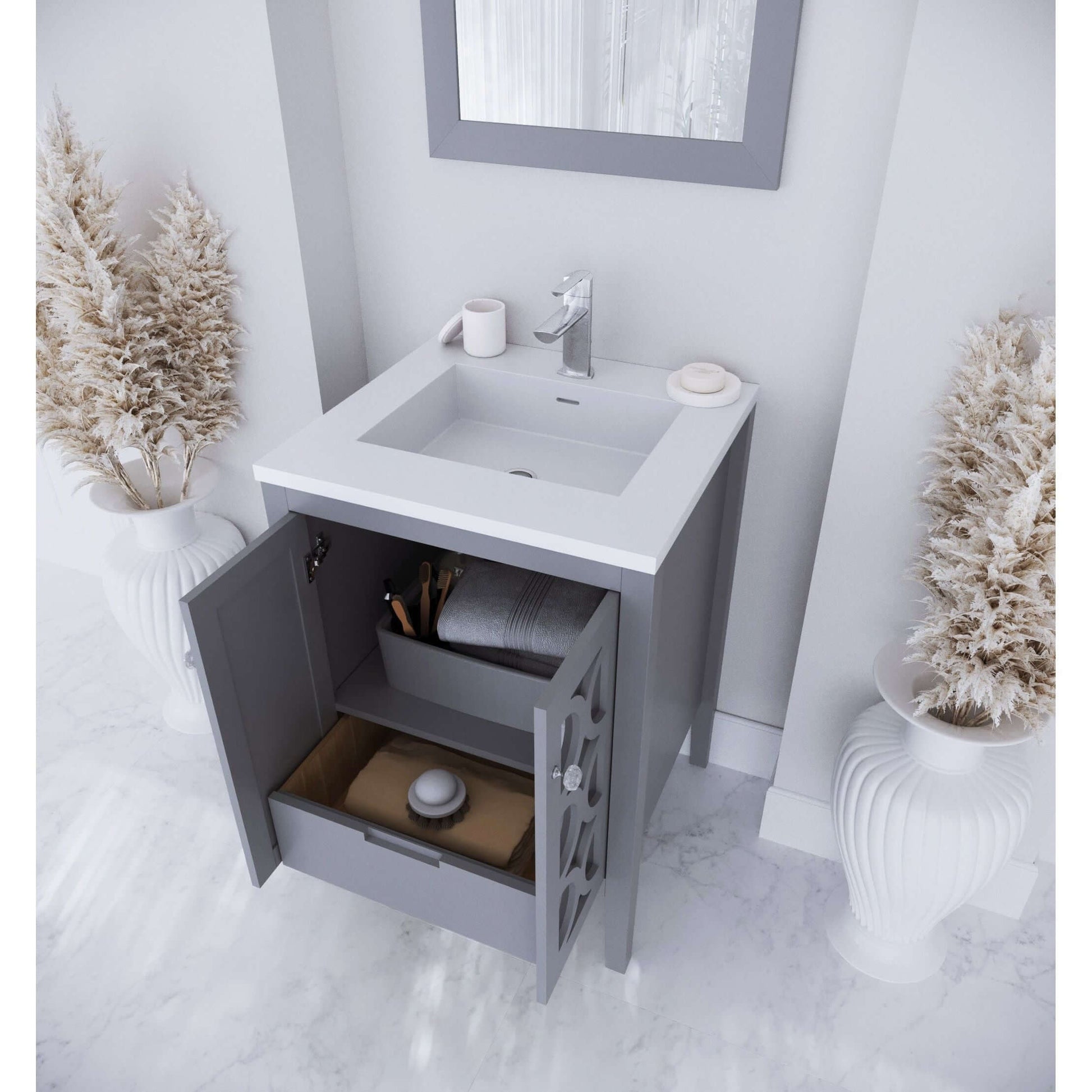 Mediterraneo 24" Grey Bathroom Vanity with Matte White VIVA Stone Solid Surface Countertop - 313MKSH-24G-MW