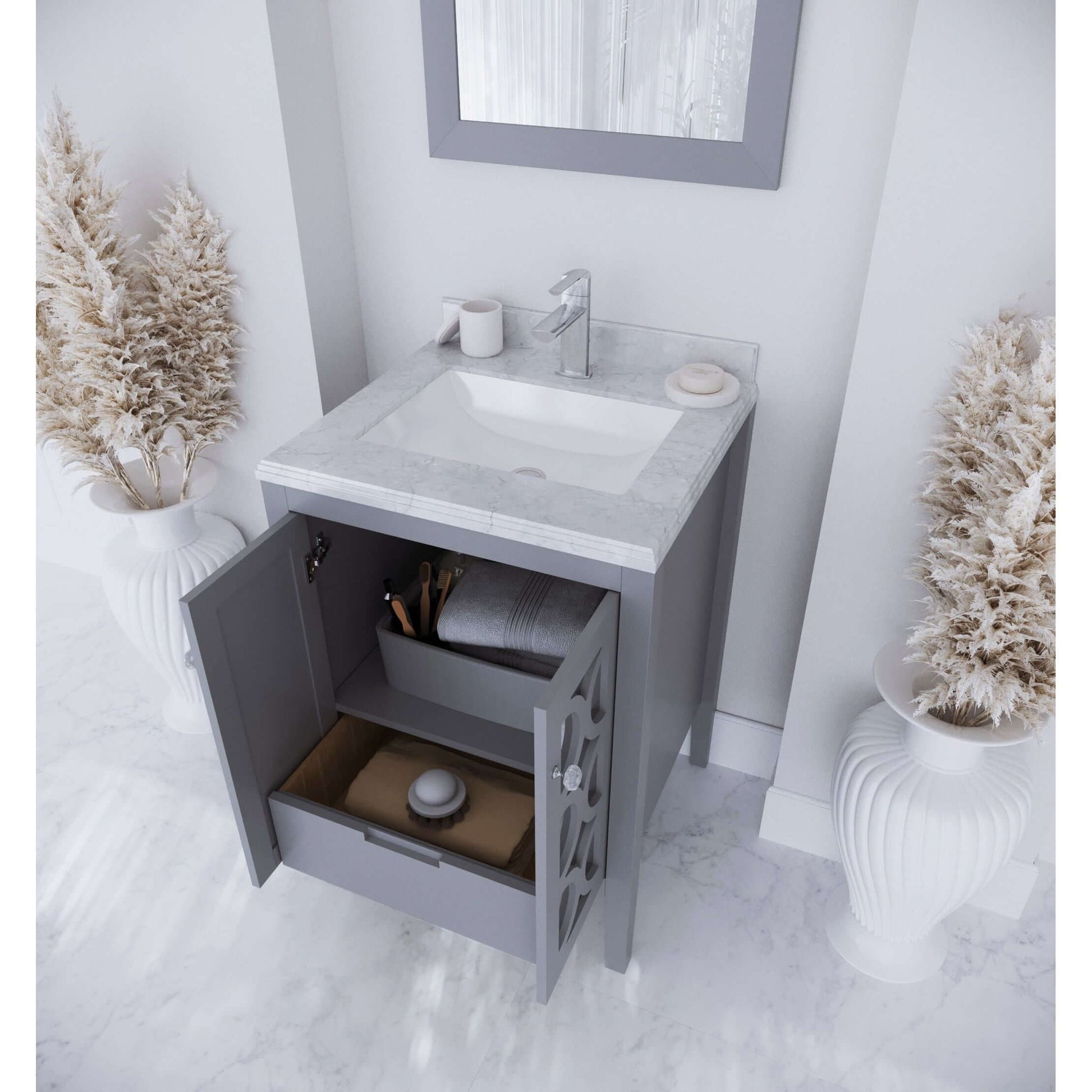 Mediterraneo 24" Grey Bathroom Vanity with White Carrara Marble Countertop - 313MKSH-24G-WC