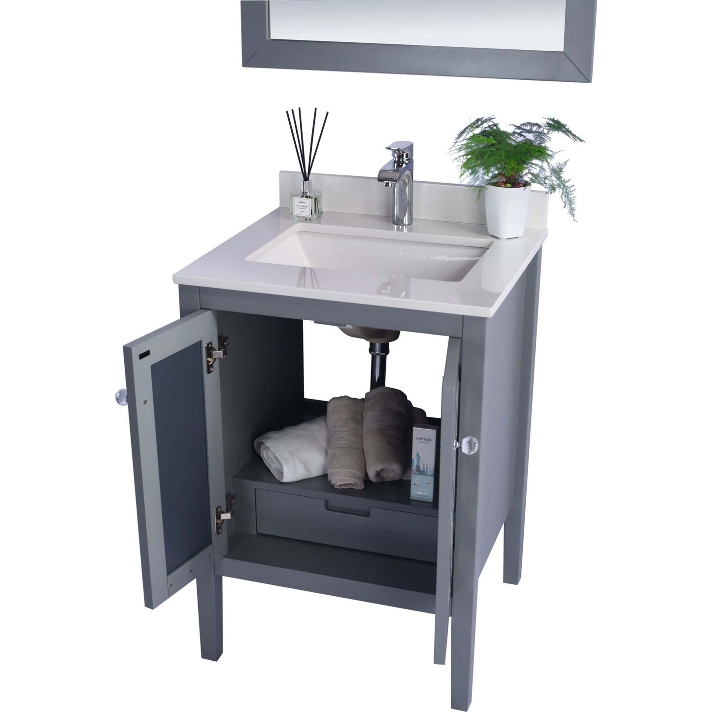 Mediterraneo 24" Grey Bathroom Vanity with White Quartz Countertop - 313MKSH-24G-WQ