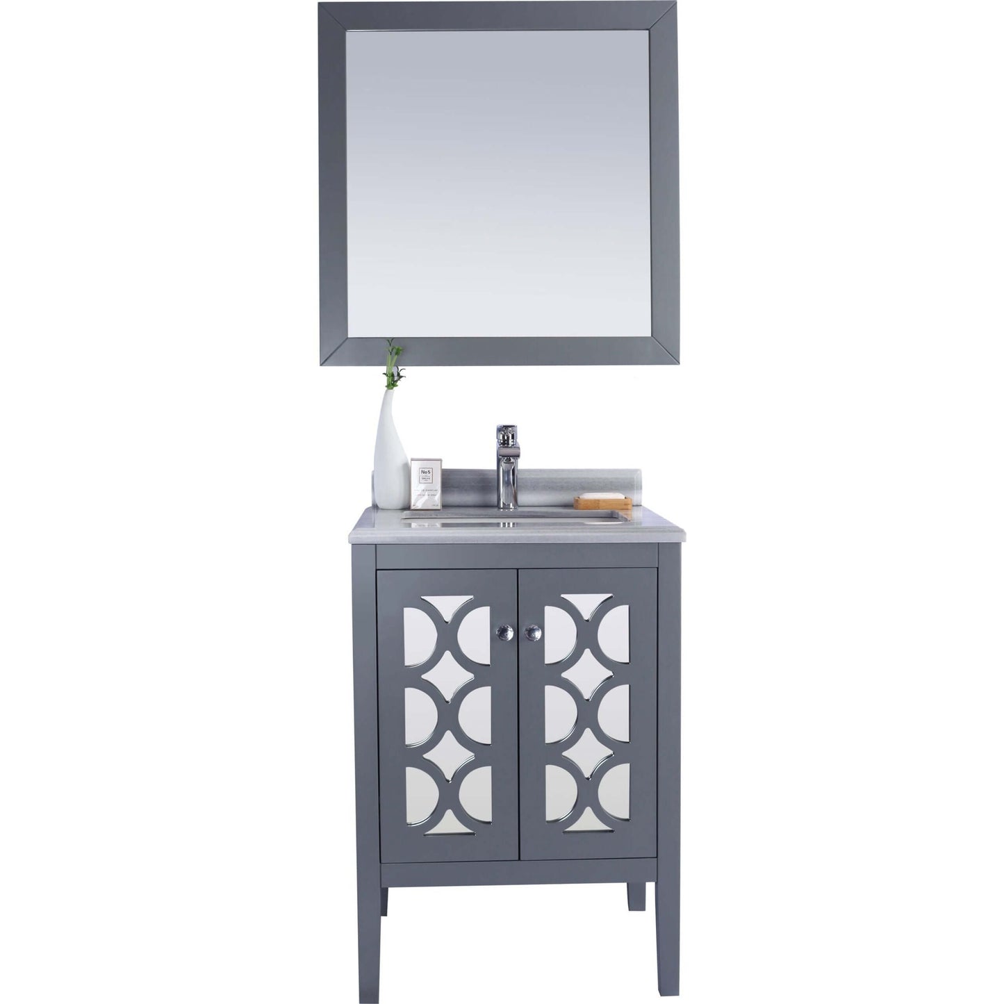 Mediterraneo 24" Grey Bathroom Vanity with White Stripes Marble Countertop - 313MKSH-24G-WS