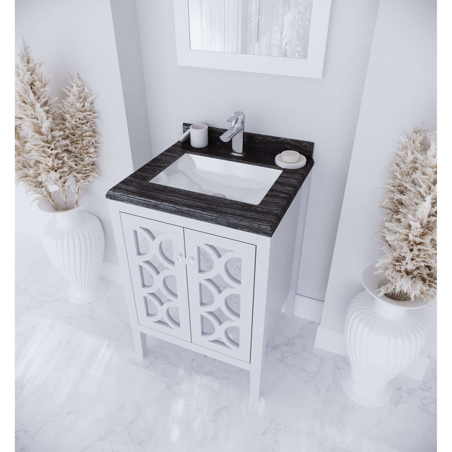 Mediterraneo 24" White Bathroom Vanity with Black Wood Marble Countertop - 313MKSH-24W-BW