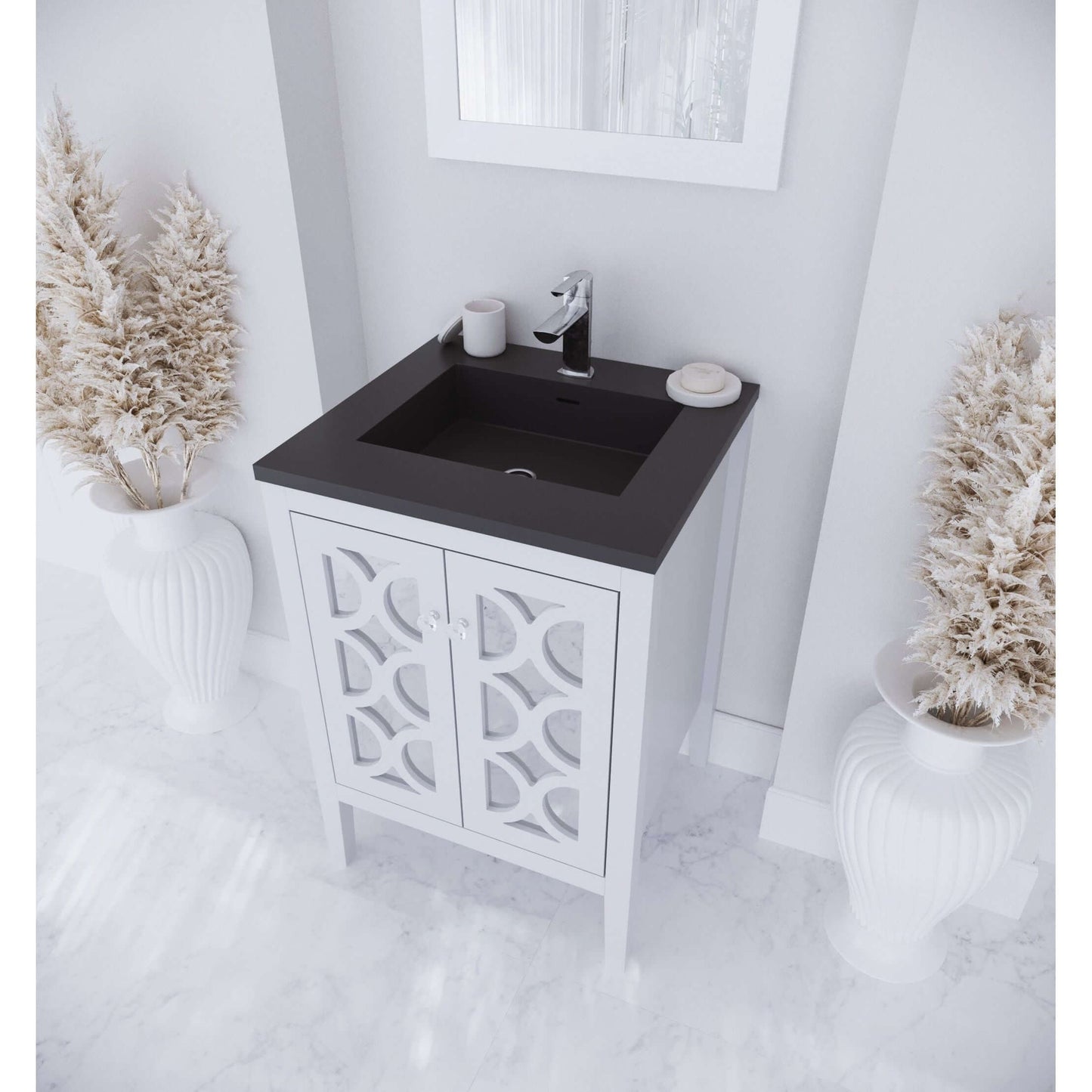 Mediterraneo 24" White Bathroom Vanity with Matte Black VIVA Stone Solid Surface Countertop - 313MKSH-24W-MB