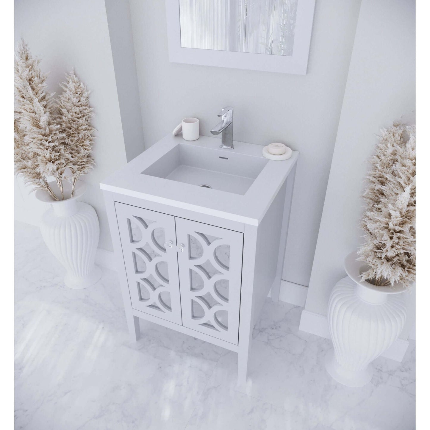 Mediterraneo 24" White Bathroom Vanity with Matte White VIVA Stone Solid Surface Countertop - 313MKSH-24W-MW