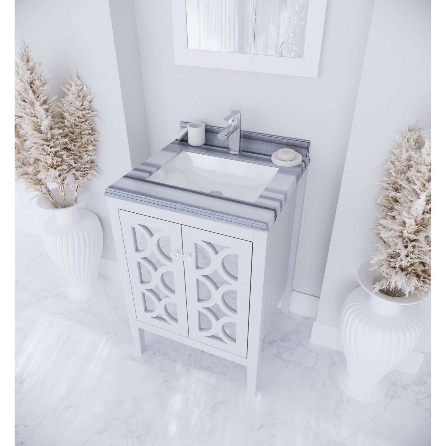 Mediterraneo 24" White Bathroom Vanity with White Stripes Marble Countertop - 313MKSH-24W-WS