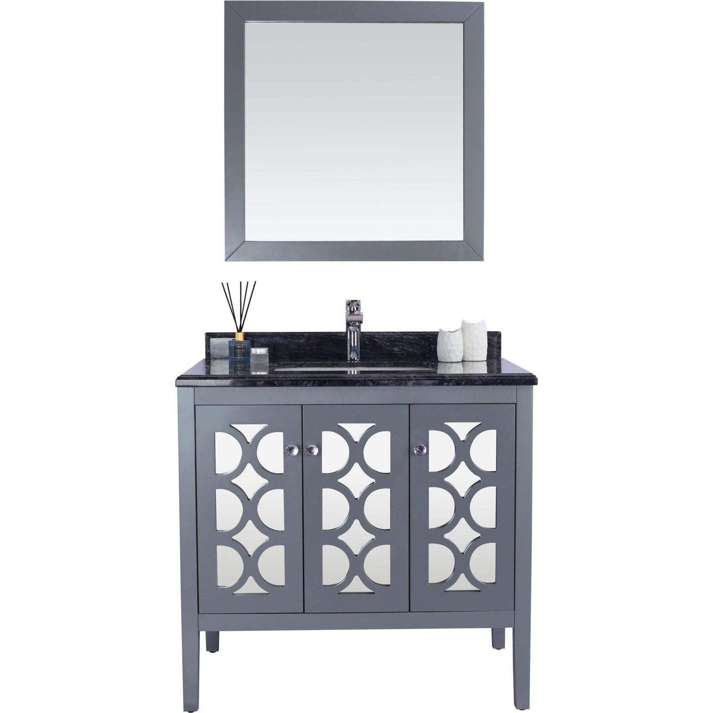 Mediterraneo 36" Grey Bathroom Vanity with Black Wood Marble Countertop - 313MKSH-36G-BW